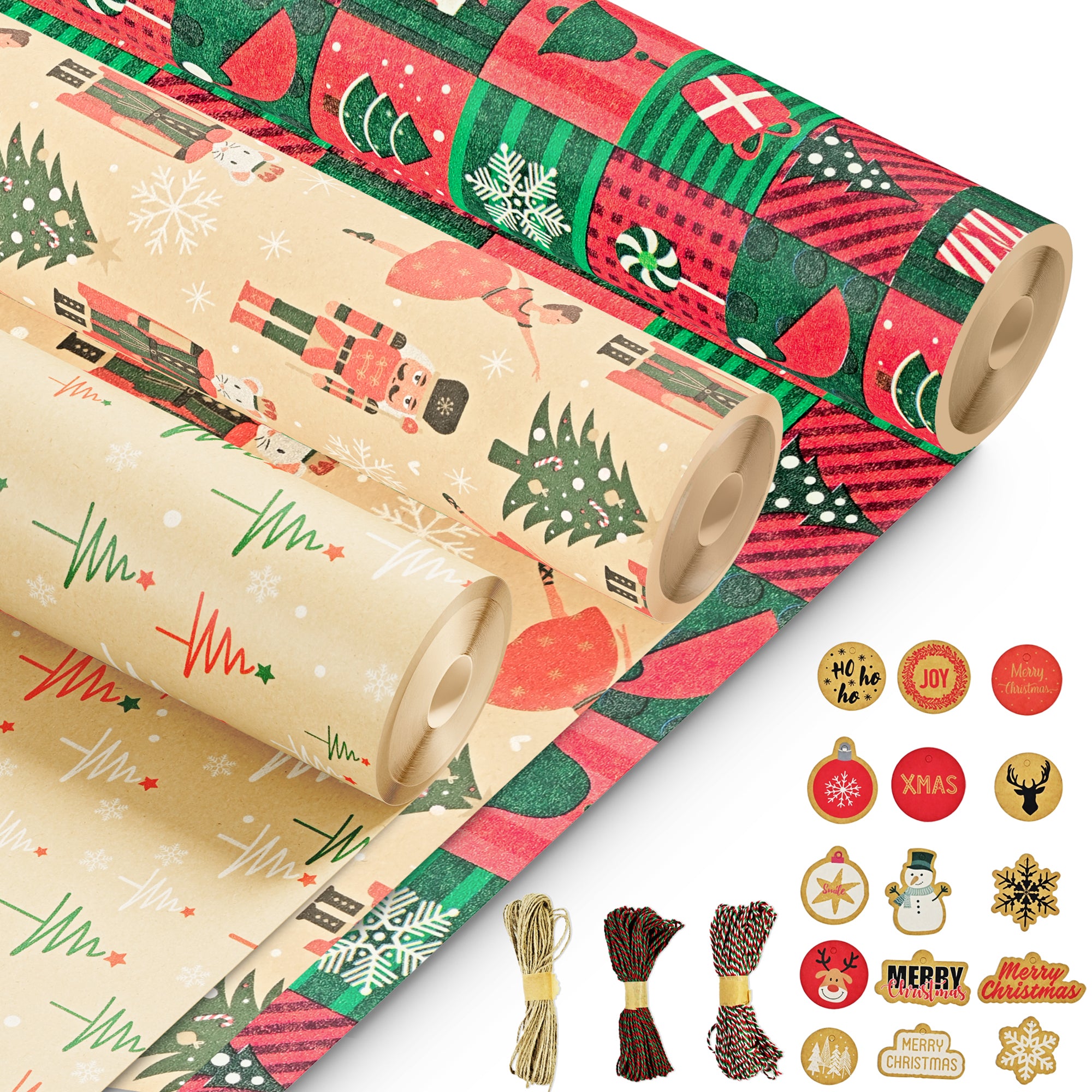 Kraft & Co – 3 Pack Kraft Christmas Wrapping Paper Rolls 69cm x 8m, Recycled & Eco-Friendly Gift Wrap with 15 Tags & 3-Color Twine, Christmas Wrap Tear-Resistant