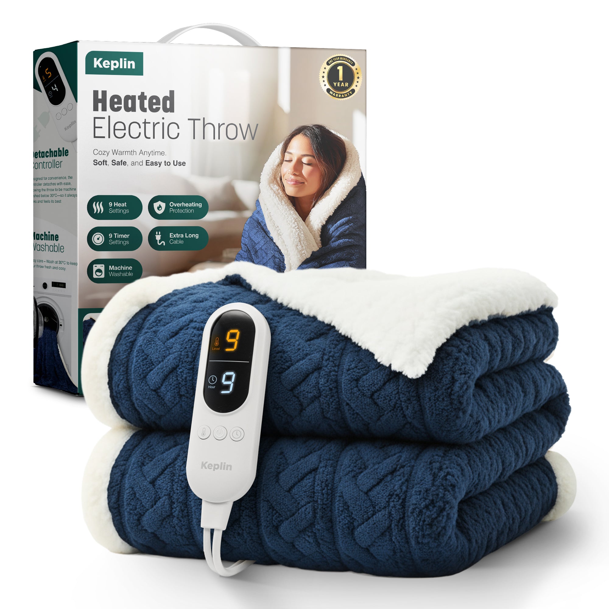 Electric Heated Throw Blanket - Machine Washable Fleece Wool Duvet, 9 Heat Settings & Timer