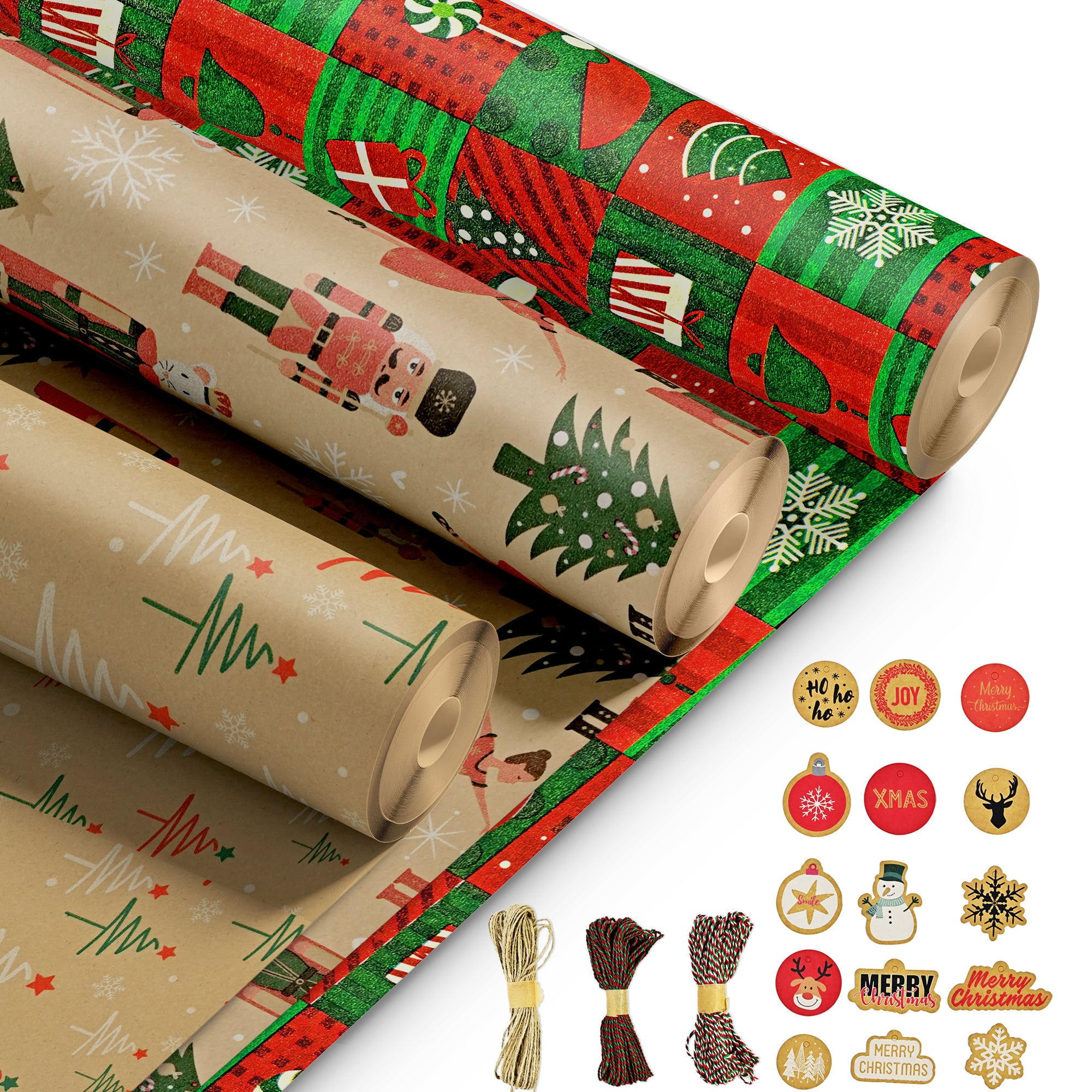 Kraft & Co – 3 Pack Kraft Christmas Wrapping Paper Rolls 69cm x 8m, Recycled & Eco-Friendly Gift Wrap with 15 Tags & 3-Color Twine, Christmas Wrap Tear-Resistant