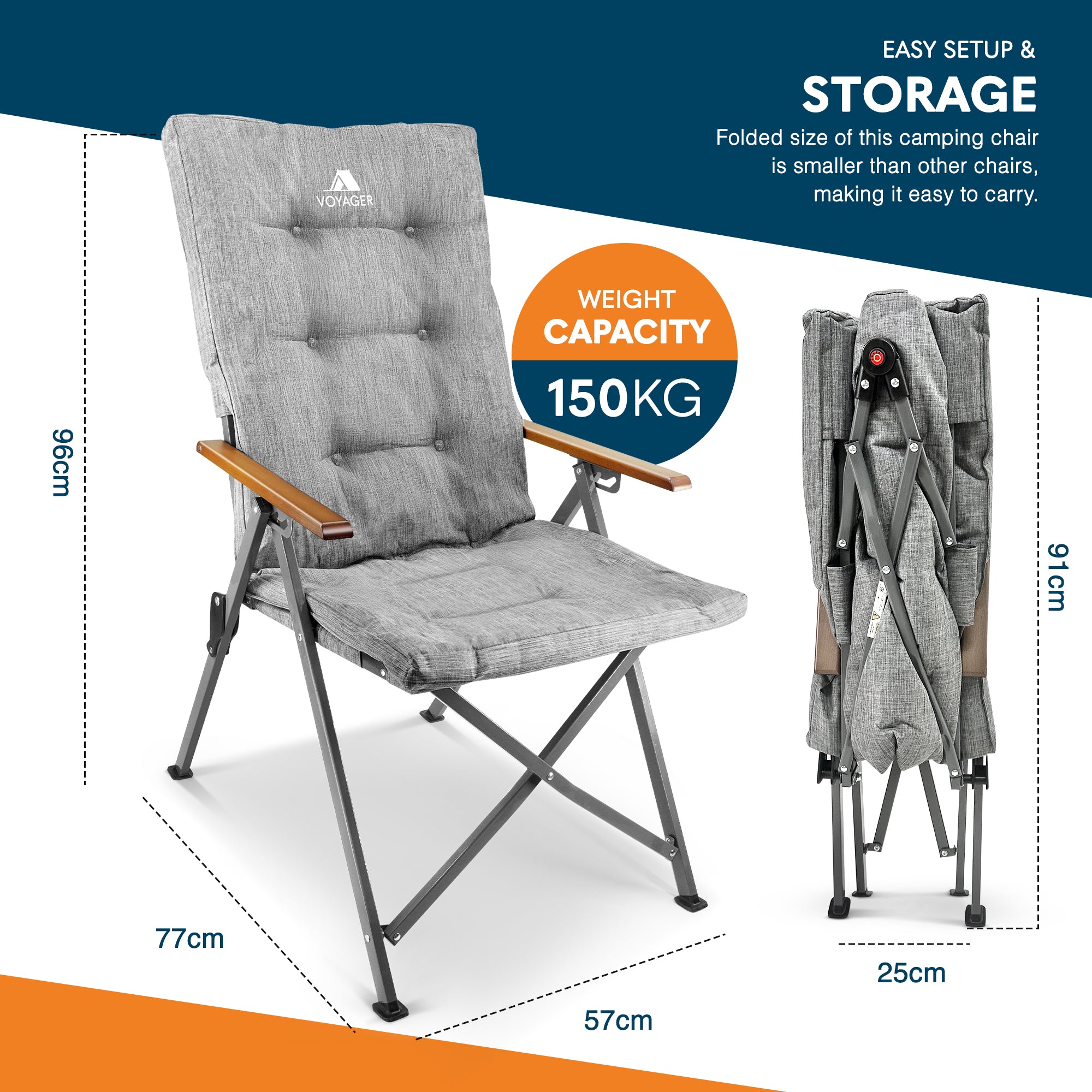 Voyager Luxury Camping Chair – 150kg Load Capacity, Portable &Comfortable –Stable Folding Chair with Innovative Design, Easy Setup & Storage –Durable, for Outdoor & Travel
