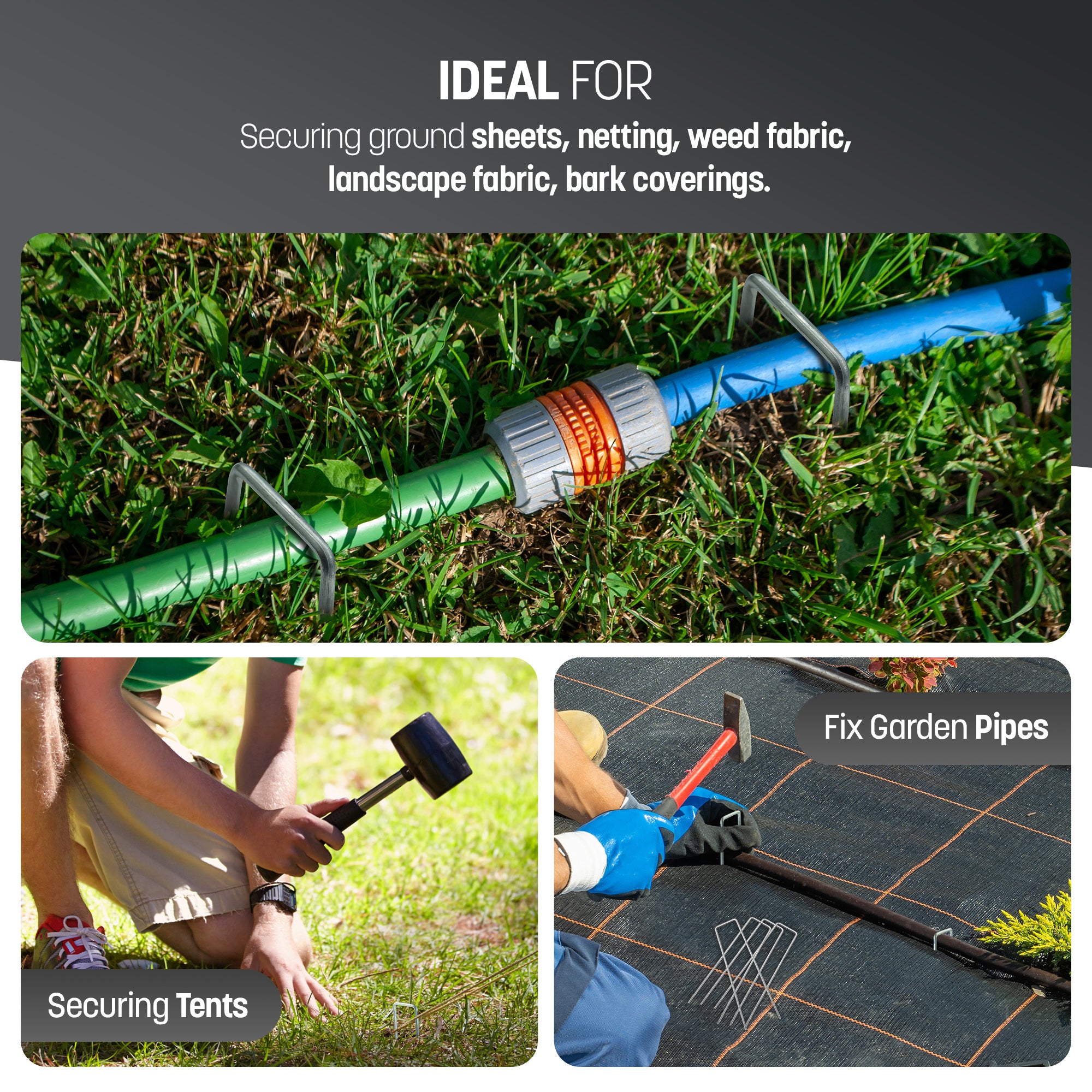 KEPLIN Garden Pegs Stakes Staples Securing Lawn, Perfect for Weed Control Membrane, Fabric, Artificial Grass, Matting & Netting - Galvanised U Shaped Nail Pins - 150mm