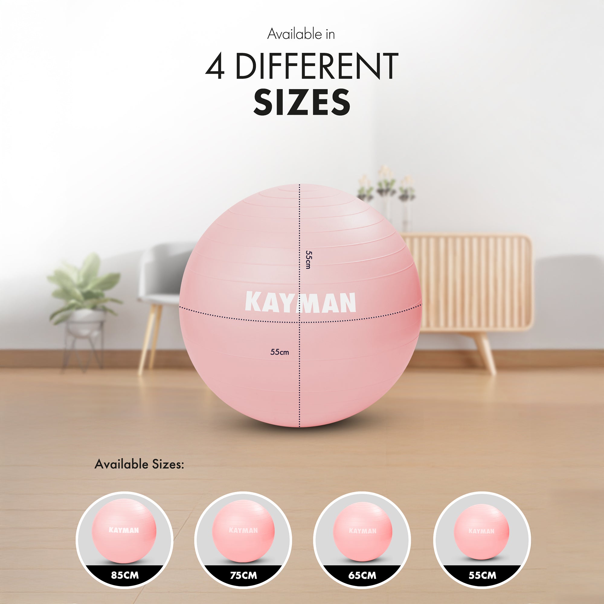 KAYMAN Exercise Ball - Anti-Burst System, Non-Slip Rings, Durable Material, Easy to Inflate, Ideal for Yoga, Pilates, Fitness, Balance Training, Gym, and Home Workouts