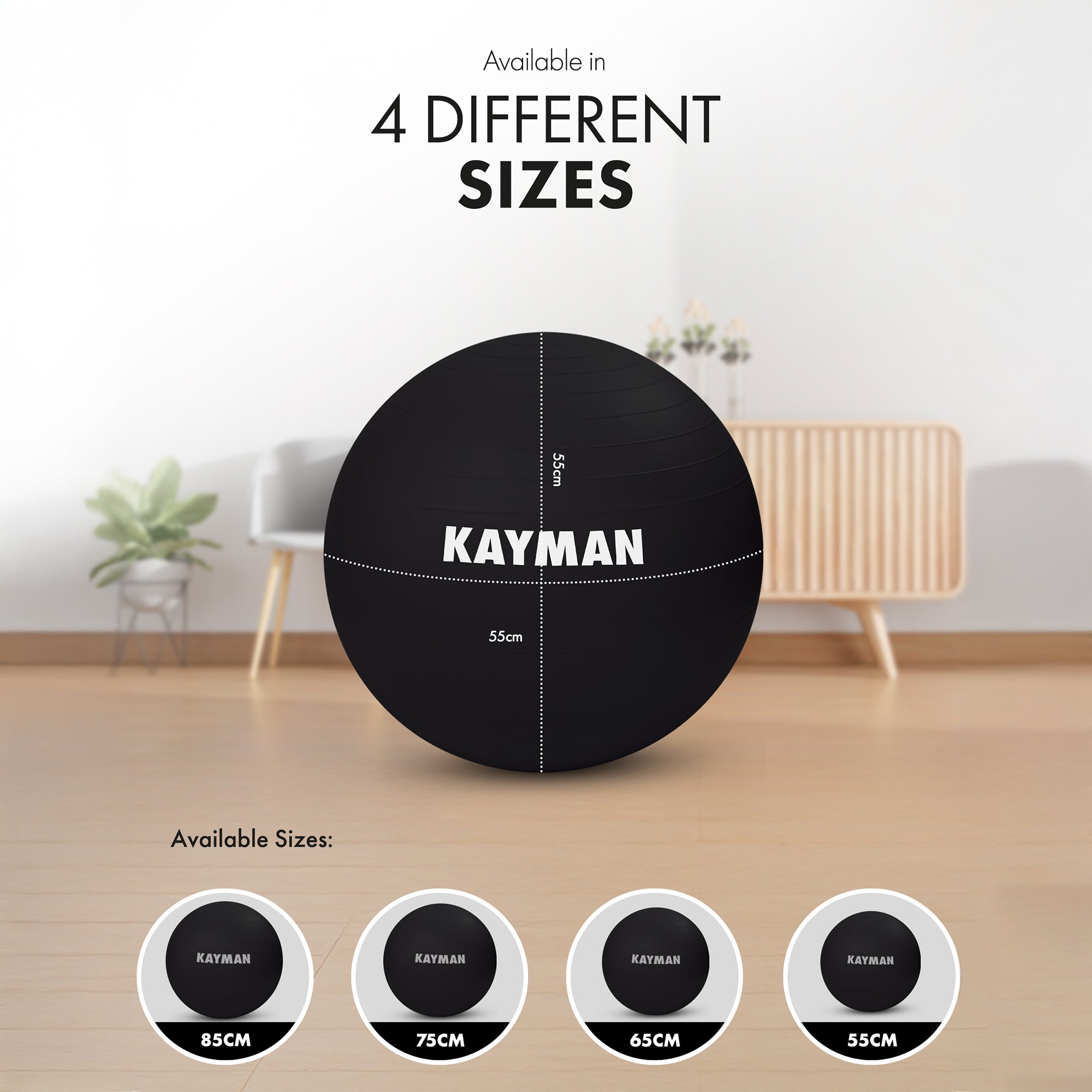 KAYMAN Exercise Ball - Anti-Burst System, Non-Slip Rings, Durable Material, Easy to Inflate, Ideal for Yoga, Pilates, Fitness, Balance Training, Gym, and Home Workouts