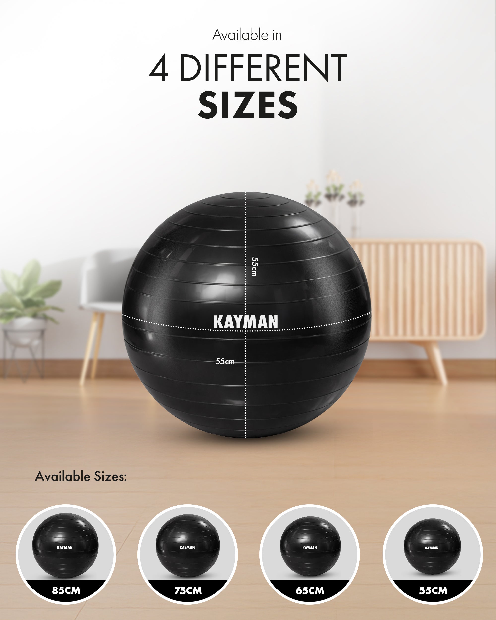 KAYMAN Exercise Ball - Anti-Burst System, Non-Slip Rings, Durable Material, Easy to Inflate, Ideal for Yoga, Pilates, Fitness, Balance Training, Gym, and Home Workouts