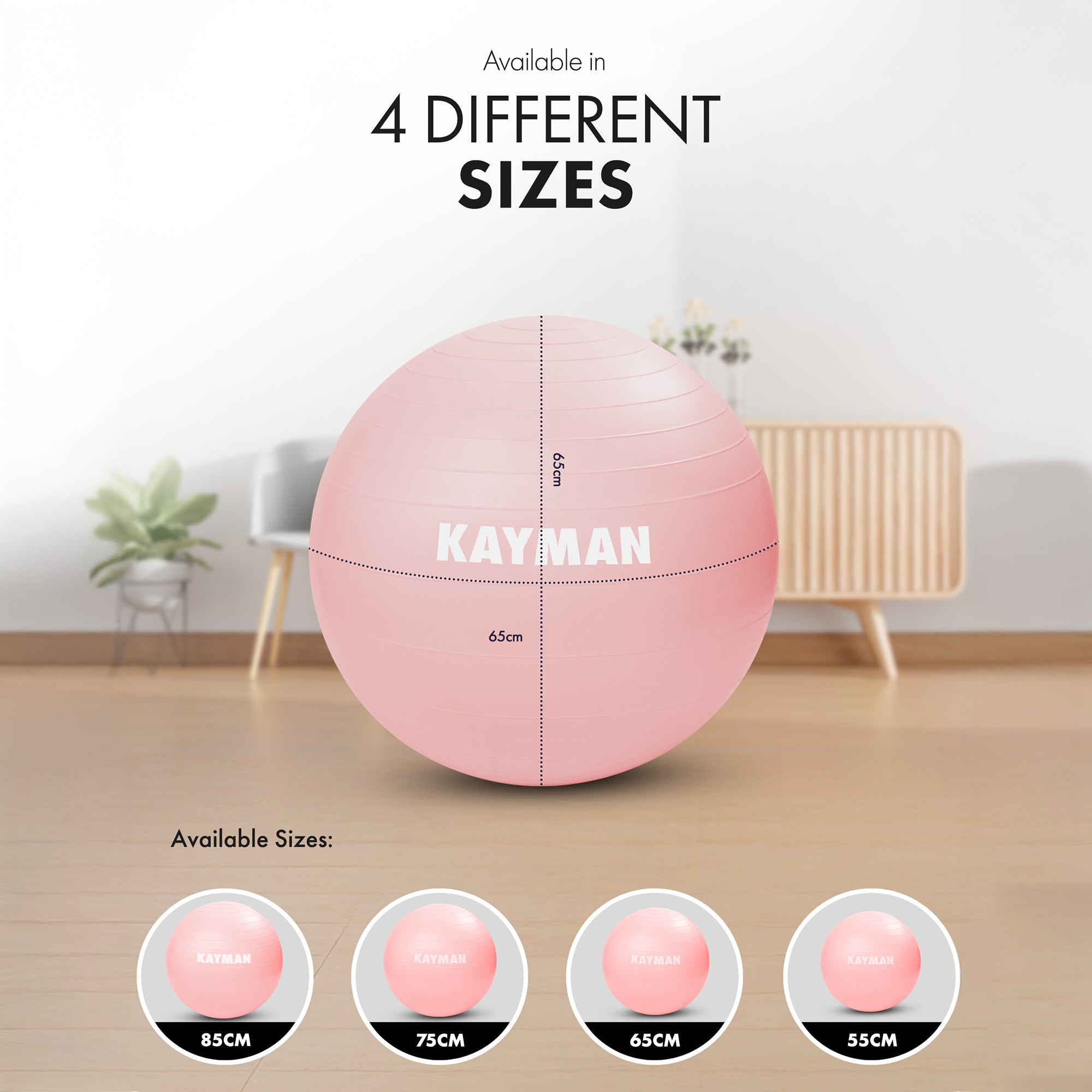 KAYMAN Exercise Ball - Anti-Burst System, Non-Slip Rings, Durable Material, Easy to Inflate, Ideal for Yoga, Pilates, Fitness, Balance Training, Gym, and Home Workouts