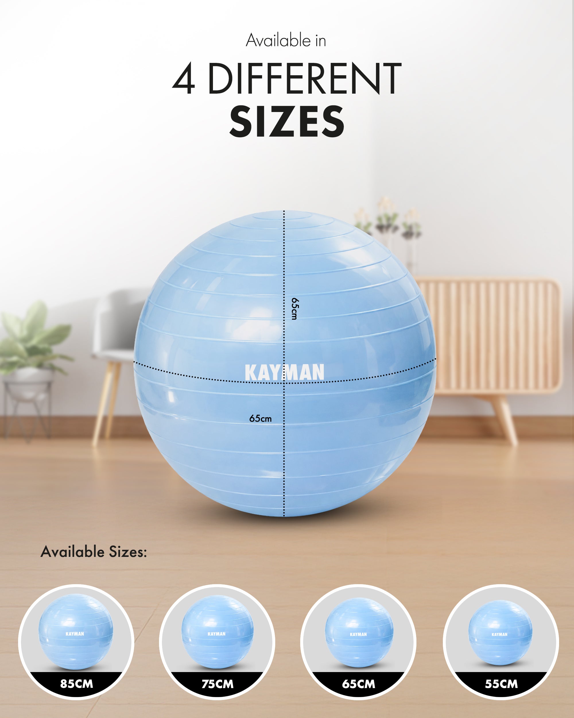 KAYMAN Exercise Ball - Anti-Burst System, Non-Slip Rings, Durable Material, Easy to Inflate, Ideal for Yoga, Pilates, Fitness, Balance Training, Gym, and Home Workouts