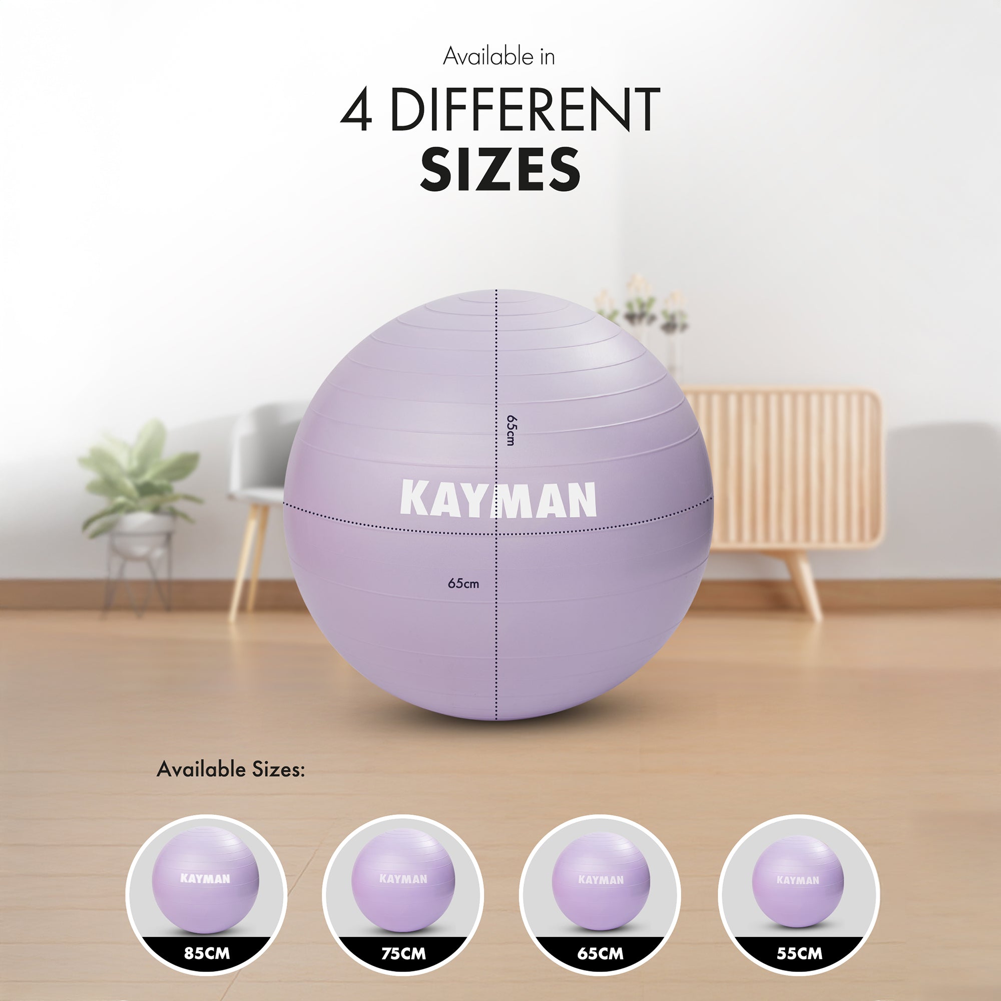 KAYMAN Exercise Ball - Anti-Burst System, Non-Slip Rings, Durable Material, Easy to Inflate, Ideal for Yoga, Pilates, Fitness, Balance Training, Gym, and Home Workouts
