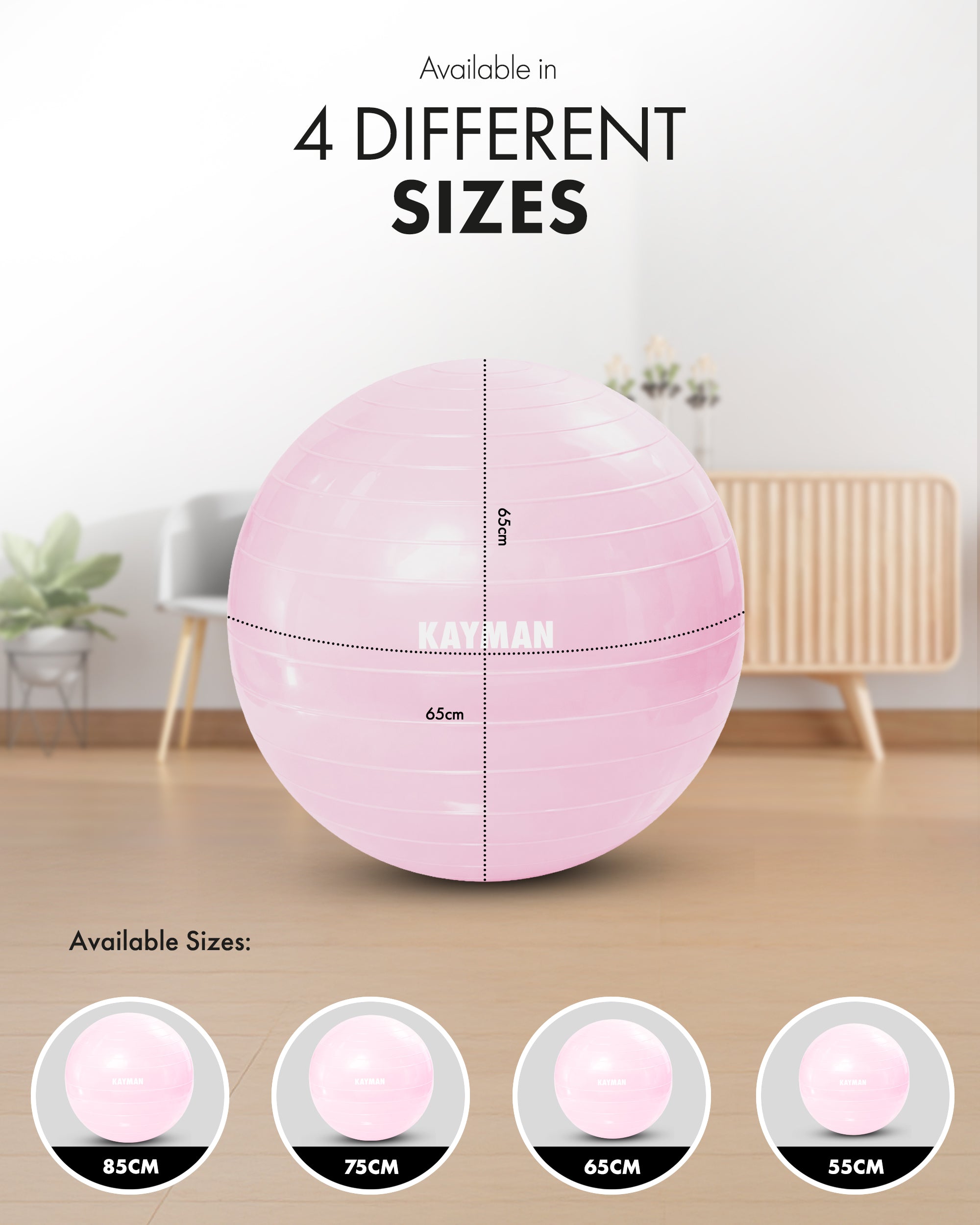 KAYMAN Exercise Ball - Anti-Burst System, Non-Slip Rings, Durable Material, Easy to Inflate, Ideal for Yoga, Pilates, Fitness, Balance Training, Gym, and Home Workouts