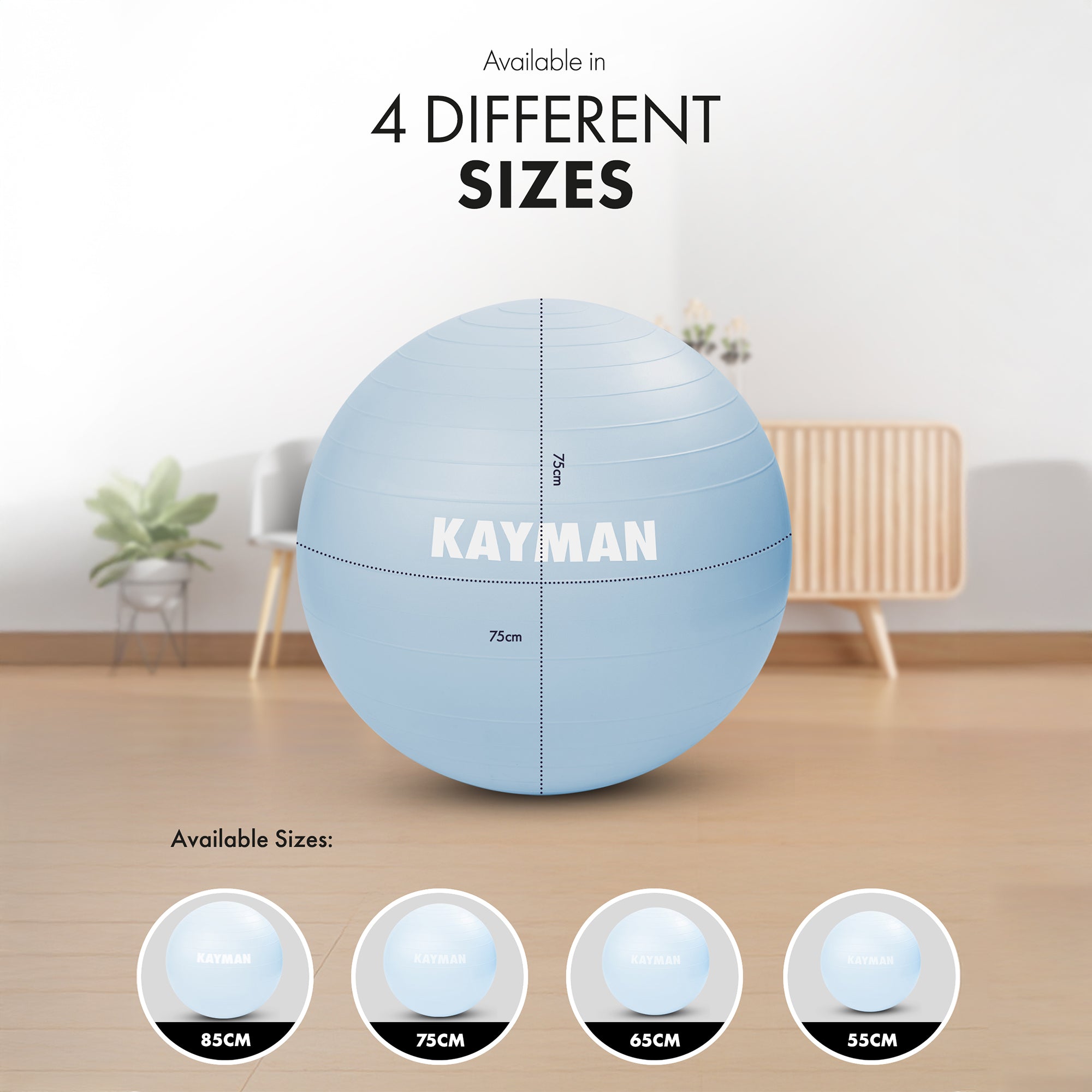 KAYMAN Exercise Ball - Anti-Burst System, Non-Slip Rings, Durable Material, Easy to Inflate, Ideal for Yoga, Pilates, Fitness, Balance Training, Gym, and Home Workouts
