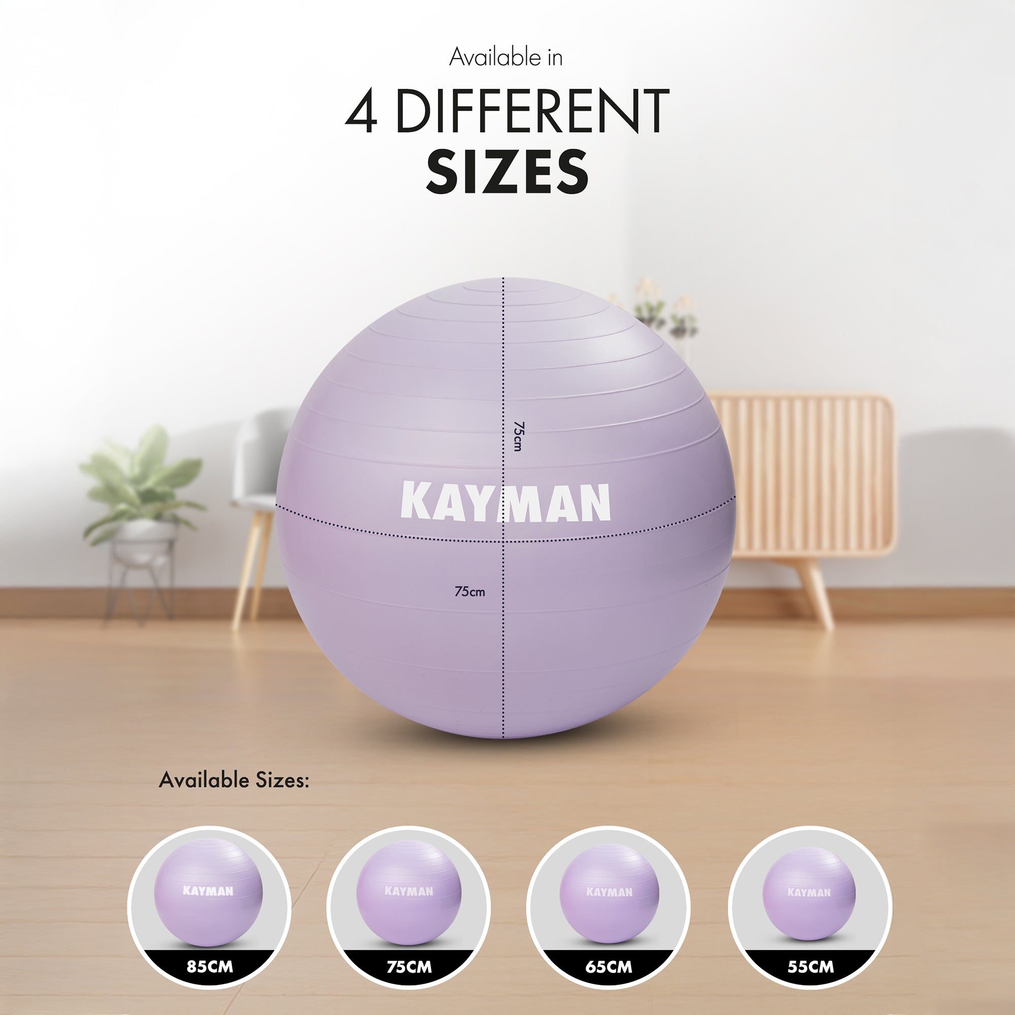 KAYMAN Exercise Ball - Anti-Burst System, Non-Slip Rings, Durable Material, Easy to Inflate, Ideal for Yoga, Pilates, Fitness, Balance Training, Gym, and Home Workouts