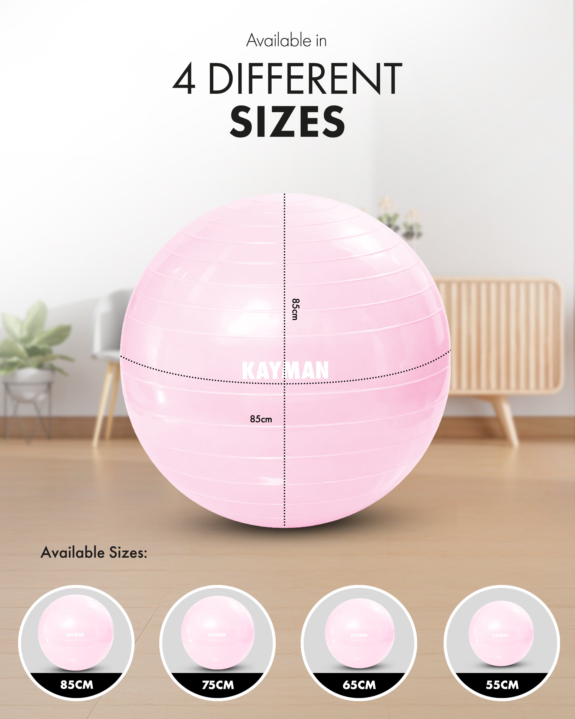 KAYMAN Exercise Ball - Anti-Burst System, Non-Slip Rings, Durable Material, Easy to Inflate, Ideal for Yoga, Pilates, Fitness, Balance Training, Gym, and Home Workouts