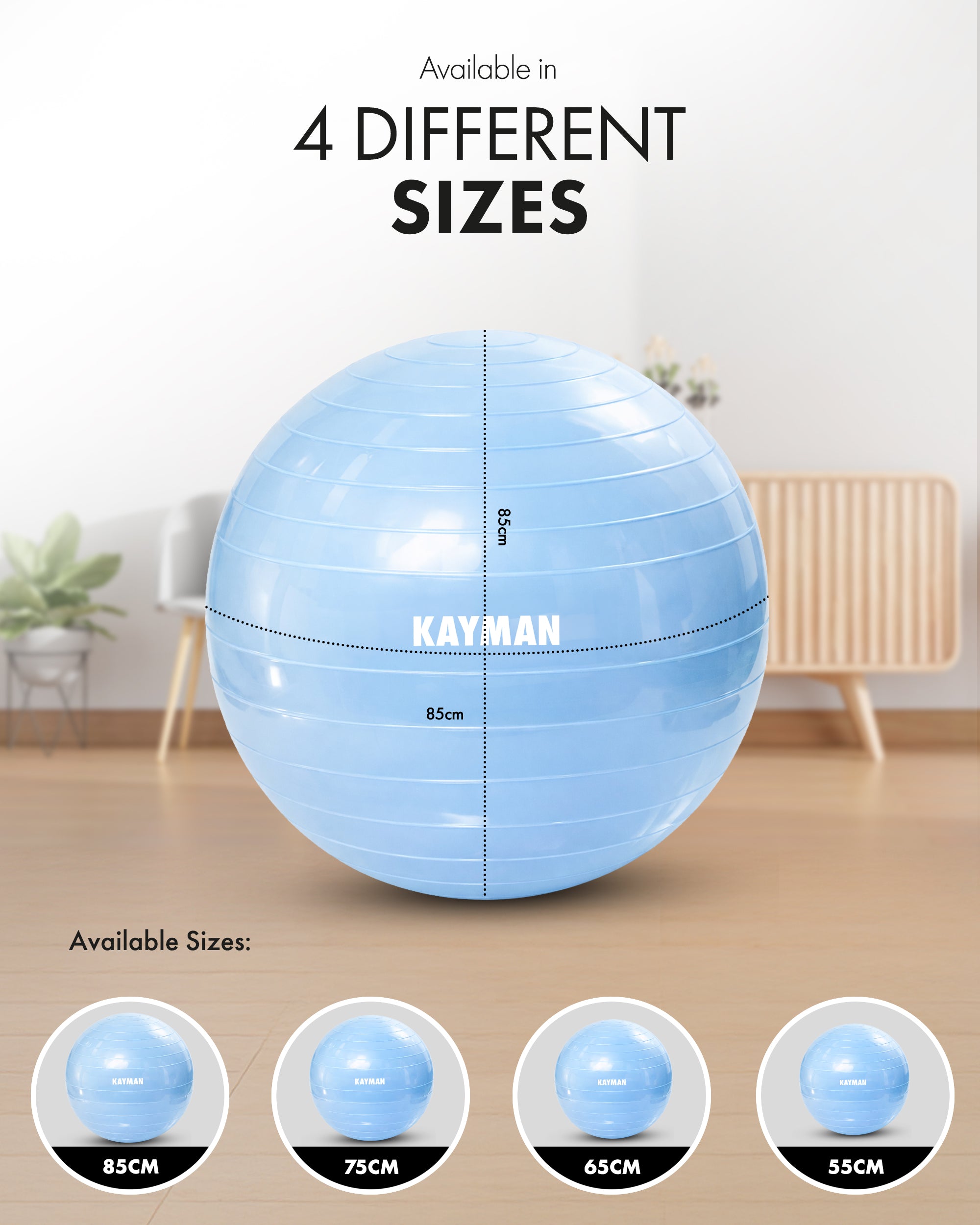 KAYMAN Exercise Ball - Anti-Burst System, Non-Slip Rings, Durable Material, Easy to Inflate, Ideal for Yoga, Pilates, Fitness, Balance Training, Gym, and Home Workouts