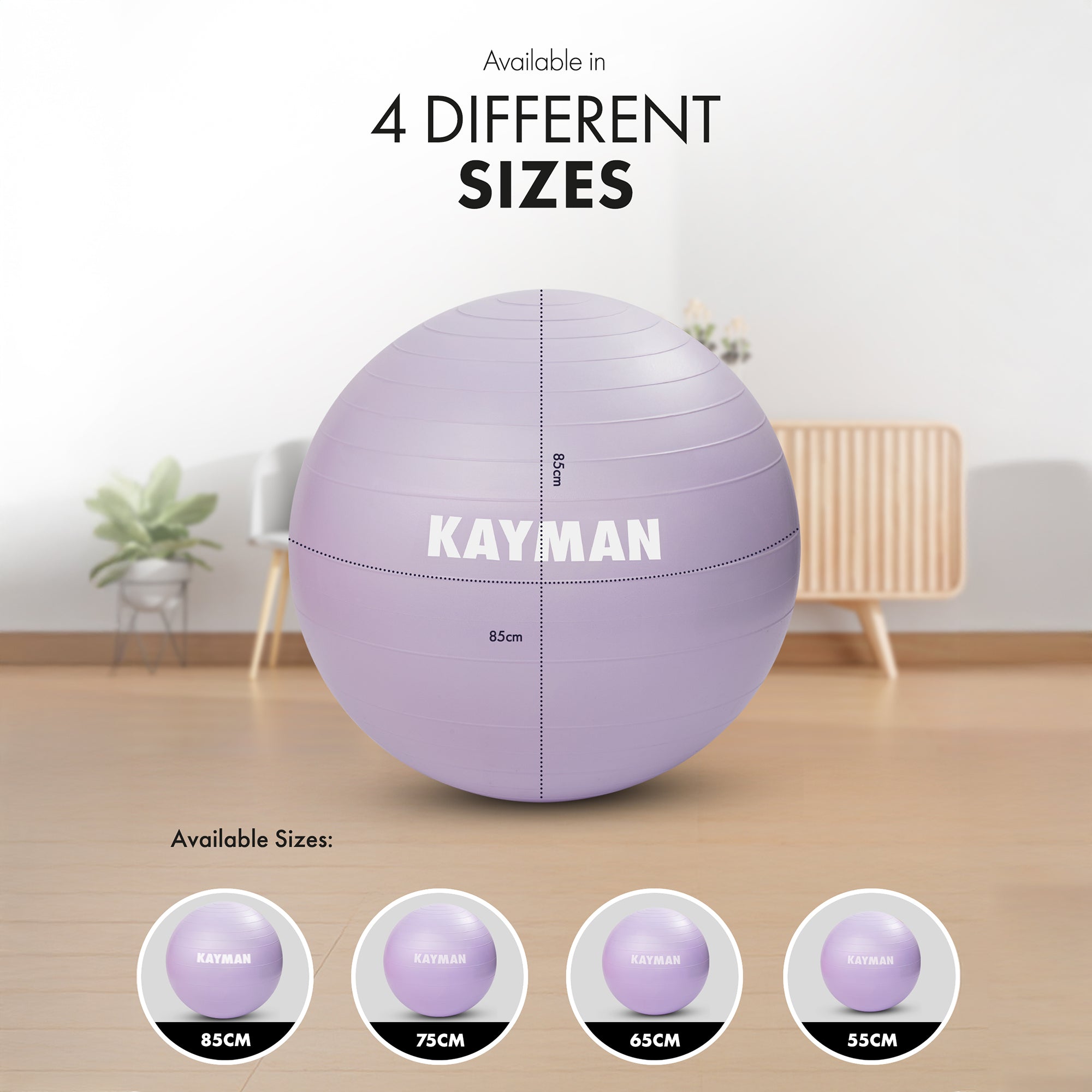 KAYMAN Exercise Ball - Anti-Burst System, Non-Slip Rings, Durable Material, Easy to Inflate, Ideal for Yoga, Pilates, Fitness, Balance Training, Gym, and Home Workouts