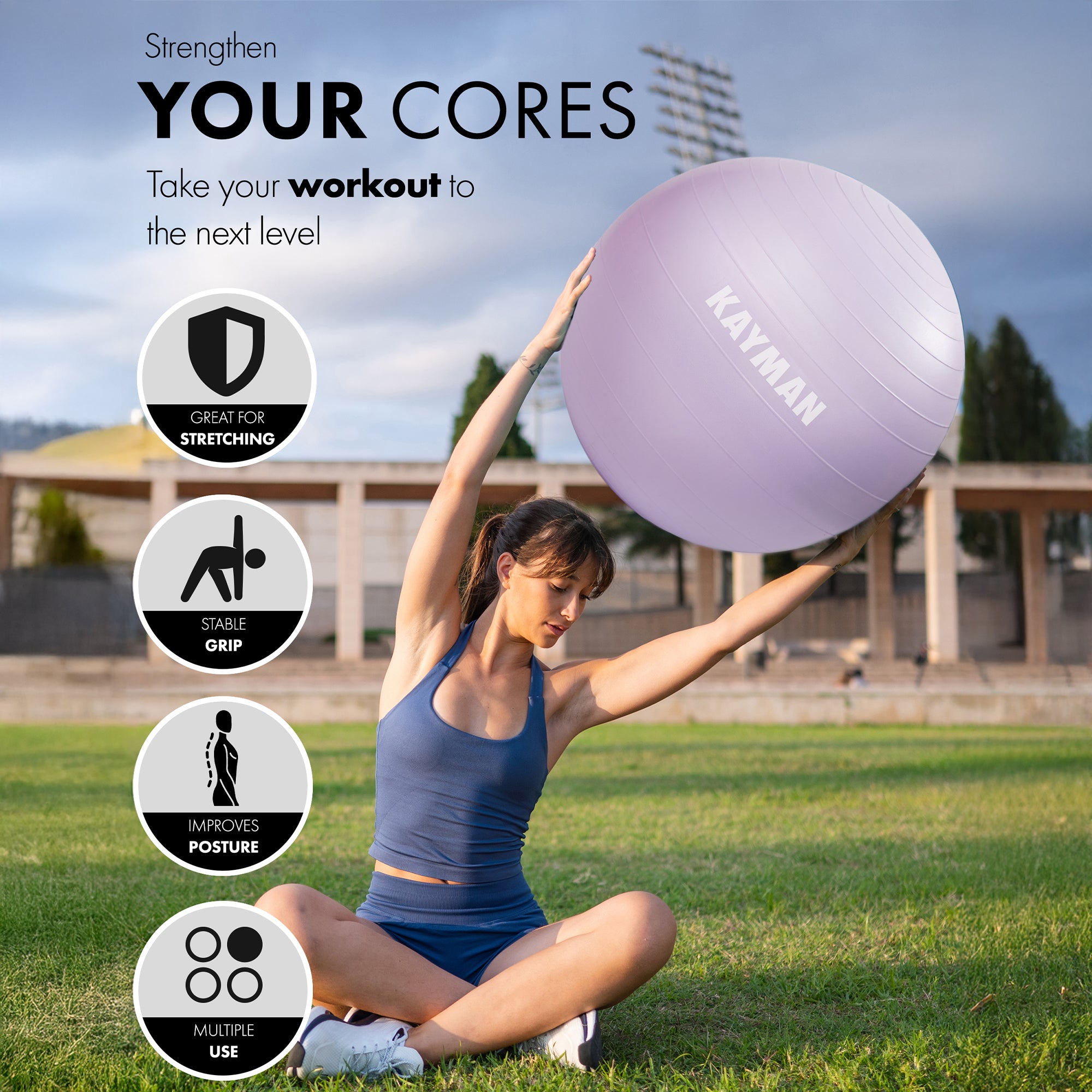 KAYMAN Exercise Ball - Anti-Burst System, Non-Slip Rings, Durable Material, Easy to Inflate, Ideal for Yoga, Pilates, Fitness, Balance Training, Gym, and Home Workouts