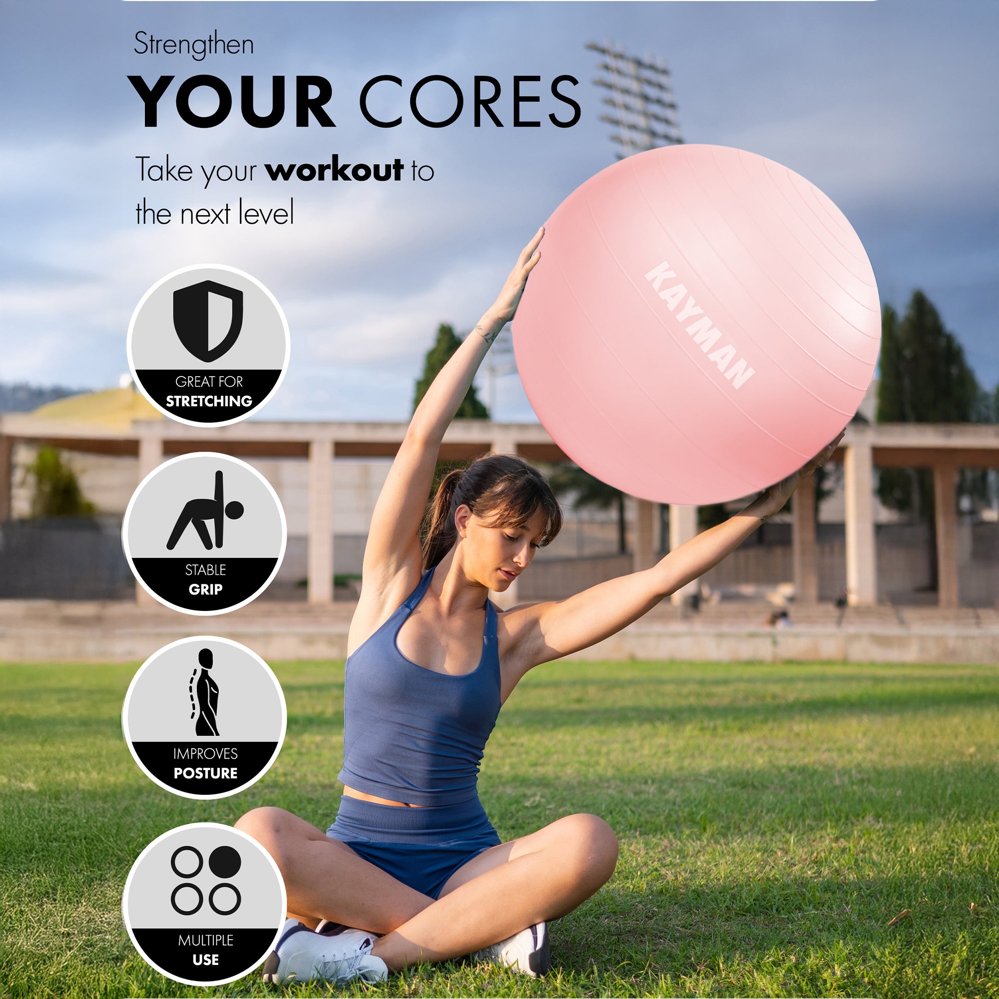 KAYMAN Exercise Ball - Anti-Burst System, Non-Slip Rings, Durable Material, Easy to Inflate, Ideal for Yoga, Pilates, Fitness, Balance Training, Gym, and Home Workouts