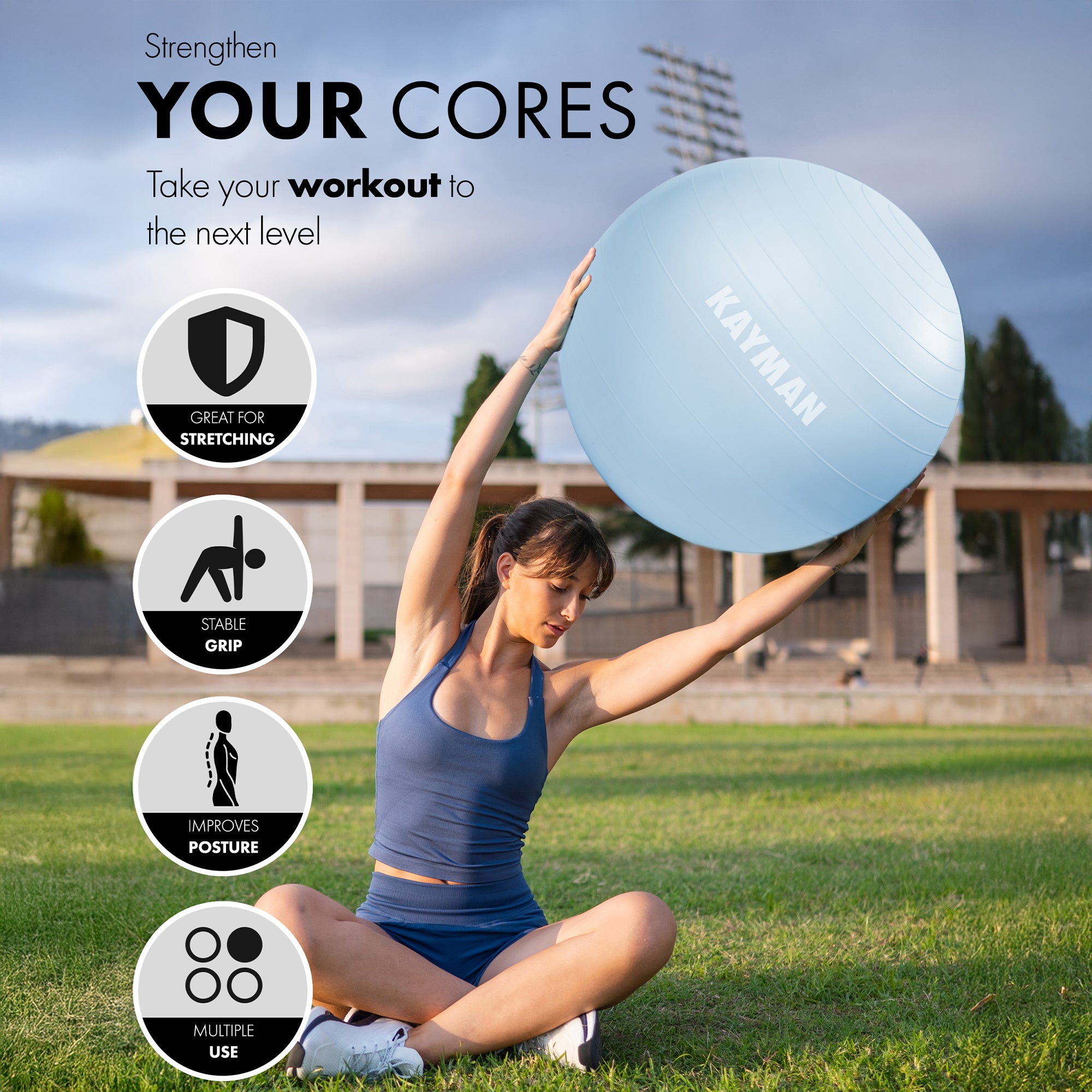 KAYMAN Exercise Ball - Anti-Burst System, Non-Slip Rings, Durable Material, Easy to Inflate, Ideal for Yoga, Pilates, Fitness, Balance Training, Gym, and Home Workouts