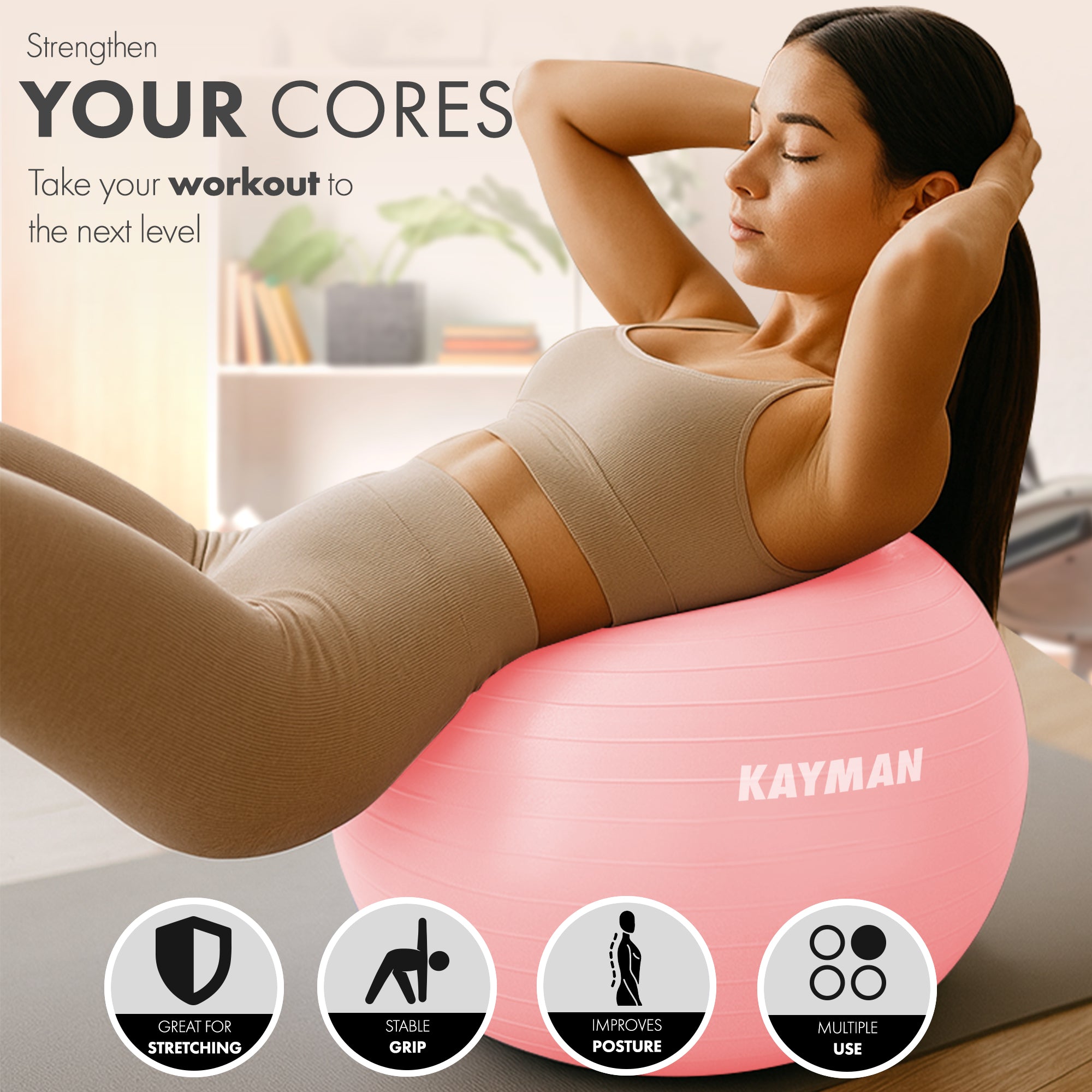 KAYMAN Exercise Ball - Anti-Burst System, Non-Slip Rings, Durable Material, Easy to Inflate, Ideal for Yoga, Pilates, Fitness, Balance Training, Gym, and Home Workouts
