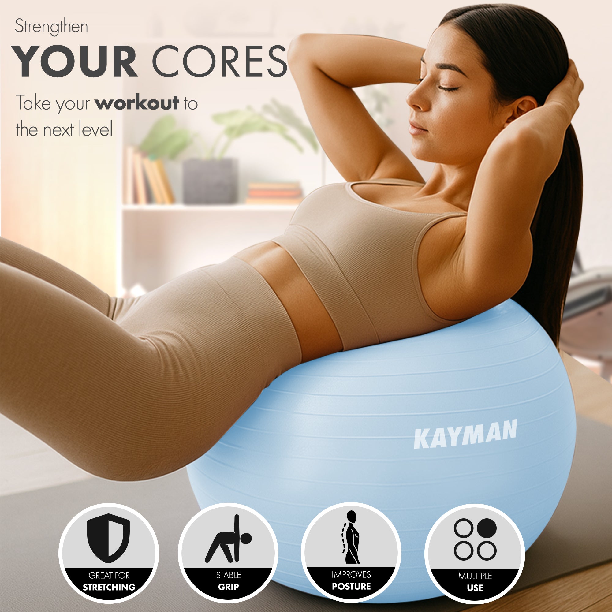 KAYMAN Exercise Ball - Anti-Burst System, Non-Slip Rings, Durable Material, Easy to Inflate, Ideal for Yoga, Pilates, Fitness, Balance Training, Gym, and Home Workouts