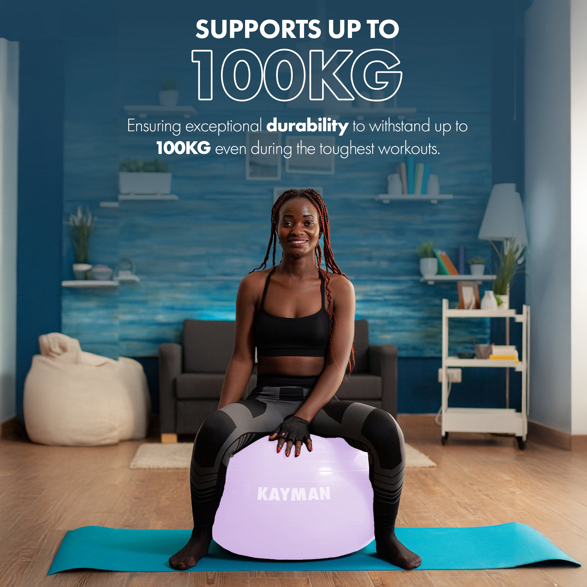 KAYMAN Exercise Ball - Anti-Burst System, Non-Slip Rings, Durable Material, Easy to Inflate, Ideal for Yoga, Pilates, Fitness, Balance Training, Gym, and Home Workouts