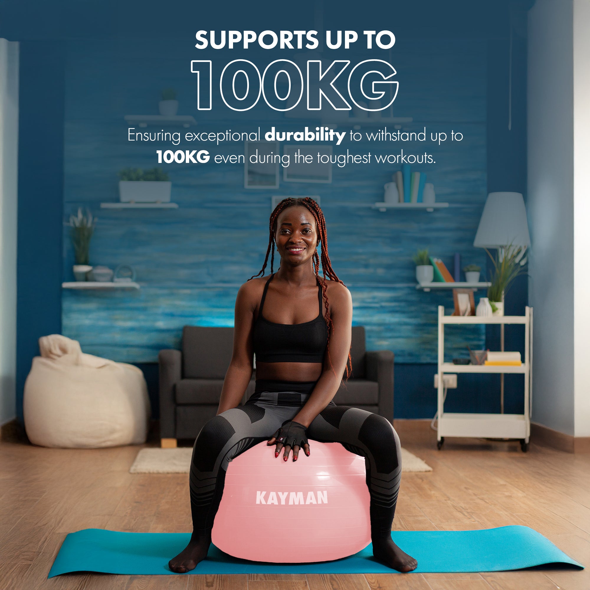 KAYMAN Exercise Ball - Anti-Burst System, Non-Slip Rings, Durable Material, Easy to Inflate, Ideal for Yoga, Pilates, Fitness, Balance Training, Gym, and Home Workouts