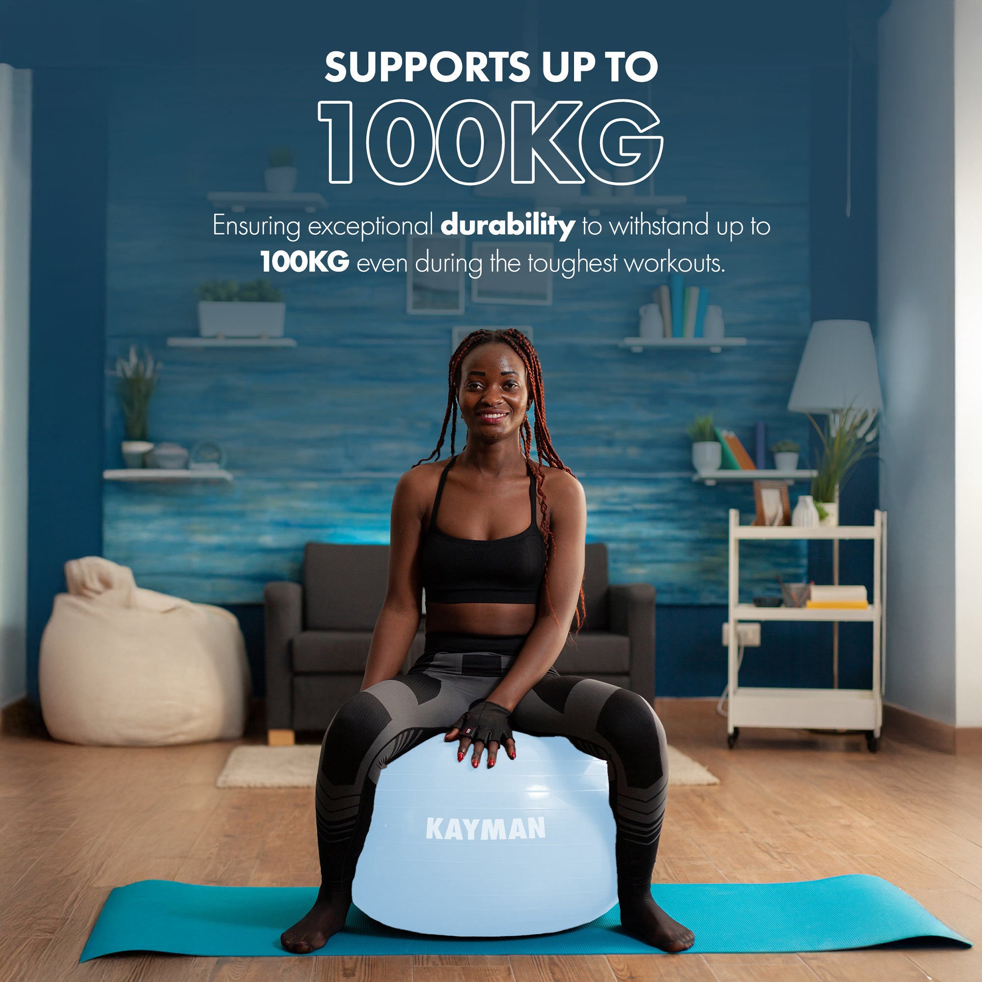 KAYMAN Exercise Ball - Anti-Burst System, Non-Slip Rings, Durable Material, Easy to Inflate, Ideal for Yoga, Pilates, Fitness, Balance Training, Gym, and Home Workouts