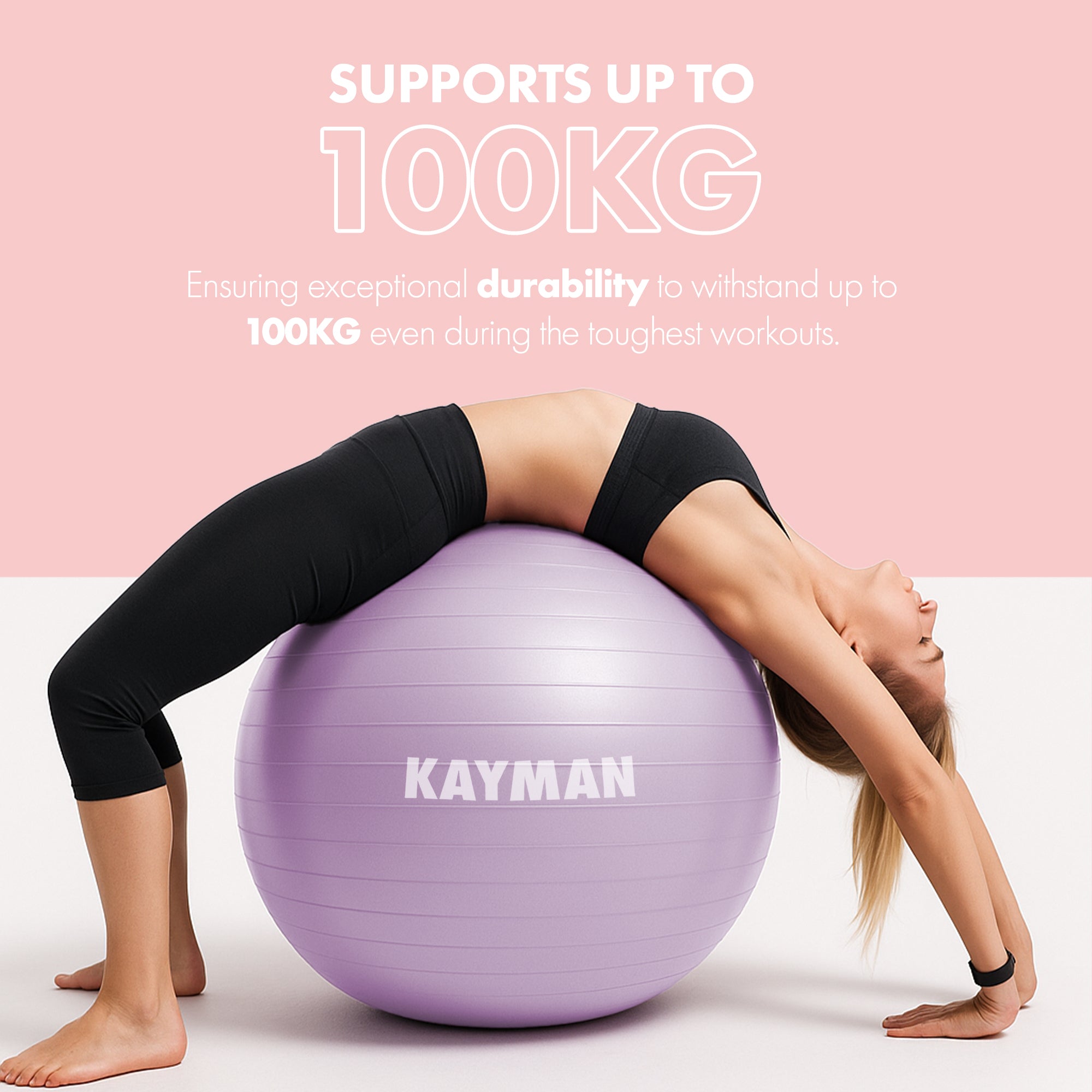 KAYMAN Exercise Ball - Anti-Burst System, Non-Slip Rings, Durable Material, Easy to Inflate, Ideal for Yoga, Pilates, Fitness, Balance Training, Gym, and Home Workouts