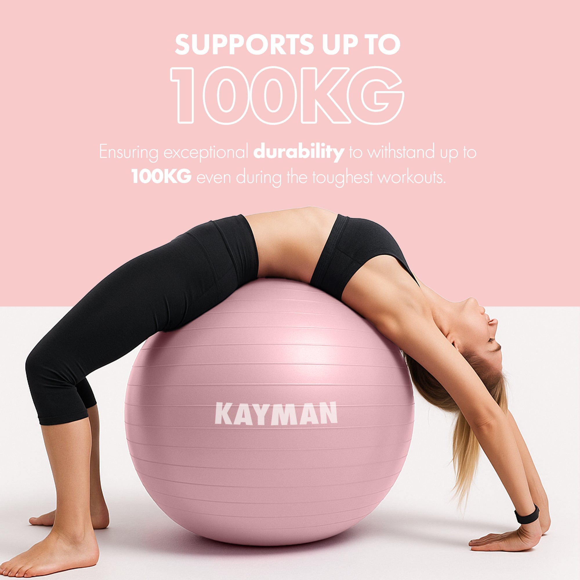 KAYMAN Exercise Ball - Anti-Burst System, Non-Slip Rings, Durable Material, Easy to Inflate, Ideal for Yoga, Pilates, Fitness, Balance Training, Gym, and Home Workouts