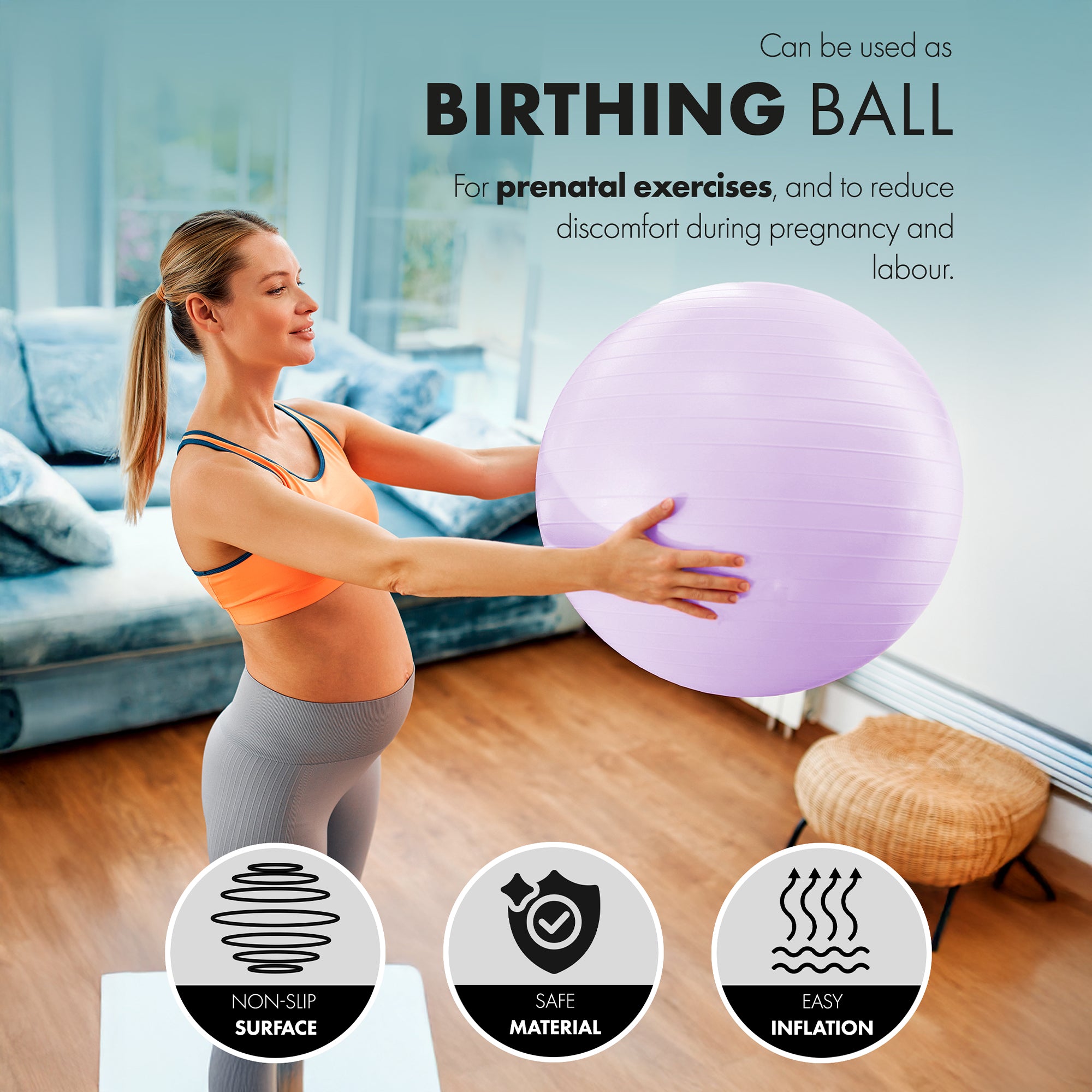 KAYMAN Exercise Ball - Anti-Burst System, Non-Slip Rings, Durable Material, Easy to Inflate, Ideal for Yoga, Pilates, Fitness, Balance Training, Gym, and Home Workouts