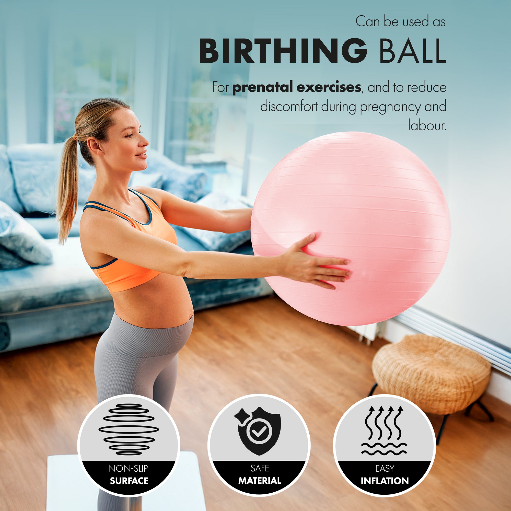 KAYMAN Exercise Ball - Anti-Burst System, Non-Slip Rings, Durable Material, Easy to Inflate, Ideal for Yoga, Pilates, Fitness, Balance Training, Gym, and Home Workouts