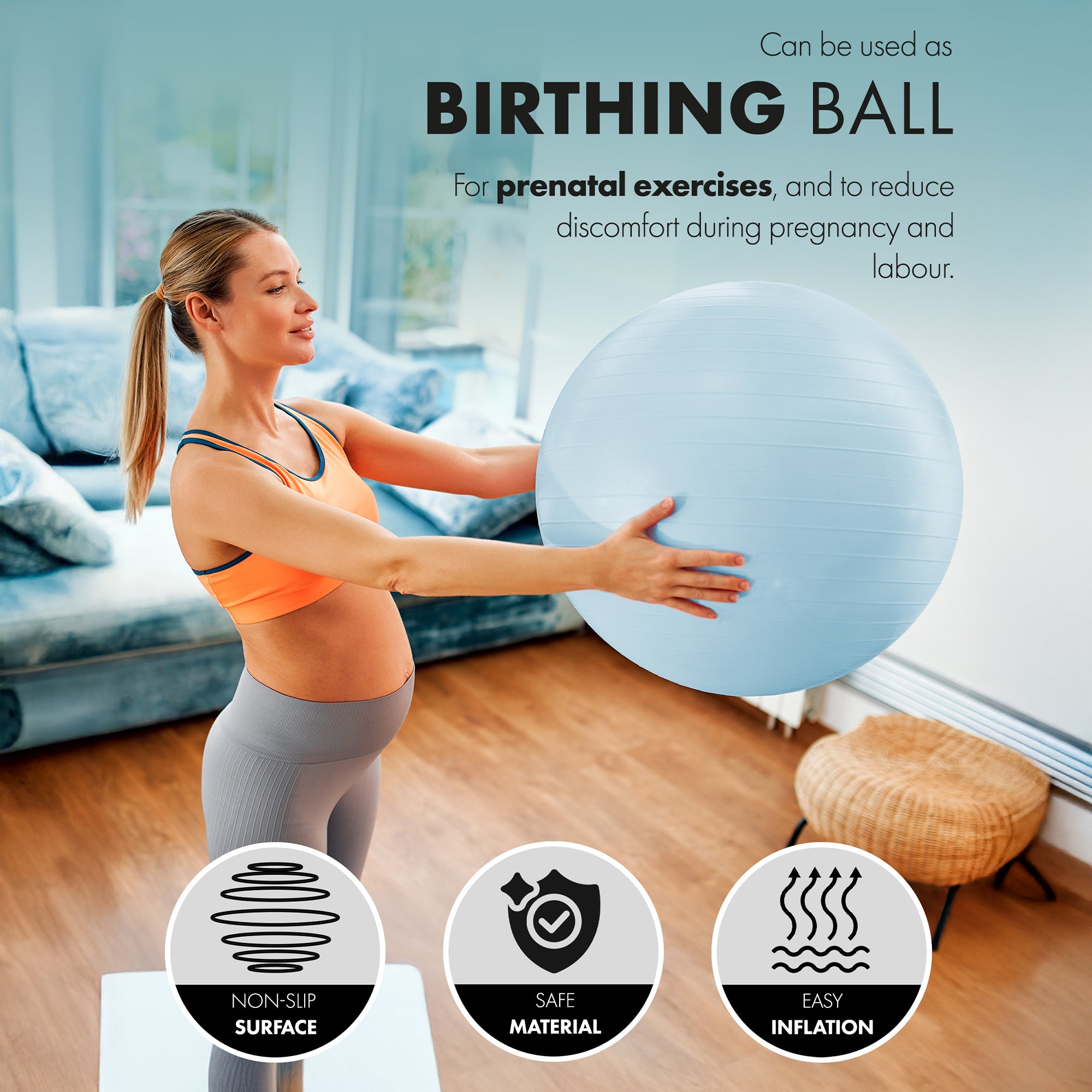 KAYMAN Exercise Ball - Anti-Burst System, Non-Slip Rings, Durable Material, Easy to Inflate, Ideal for Yoga, Pilates, Fitness, Balance Training, Gym, and Home Workouts