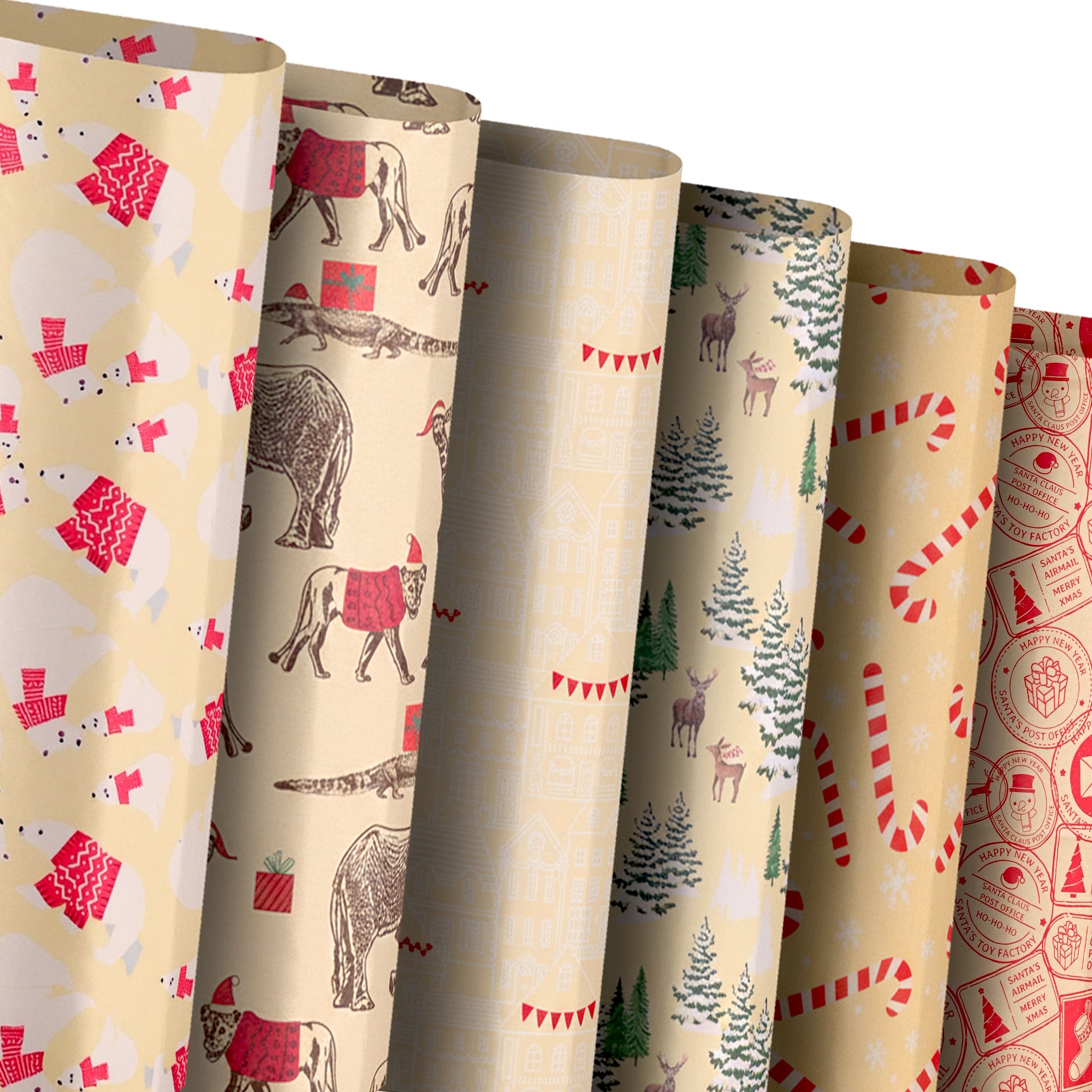 Kraft & Co - Christmas Wrapping Paper 12 Sheets - Kraft Gift Wrap Sheets 50 x 70cm, 6 Festive Holiday Designs with Tags & Twine