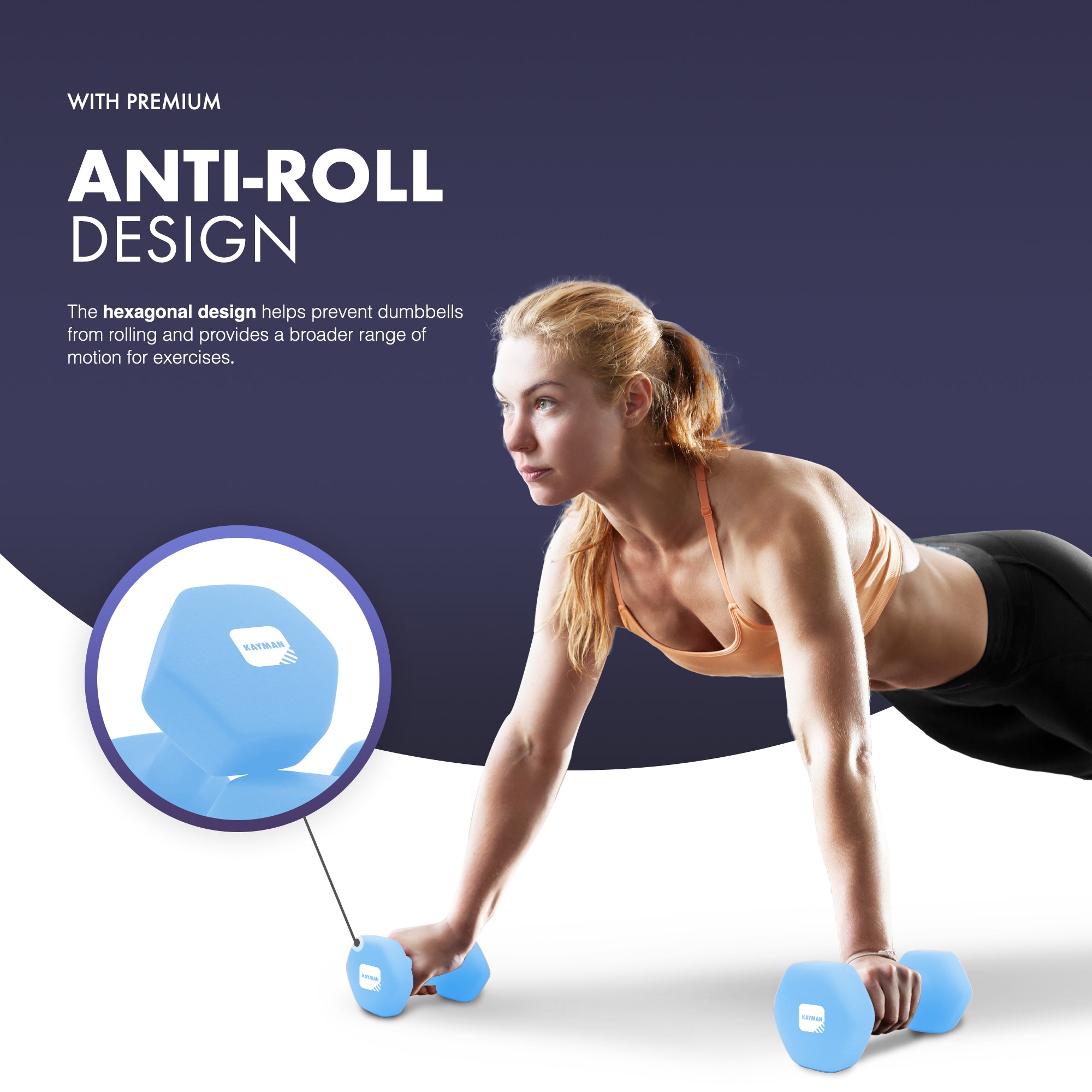 KAYMAN Neoprene Dumbbell Pair with Anti-Slip Grip, Hex Edges, Water-Resistant Surface & Workout Poster Guide - Weight Set for Home, Gym & Fitness Training Equipment (1kg 2kg 3kg 4kg 5kg 6kg 8kg 10kg)