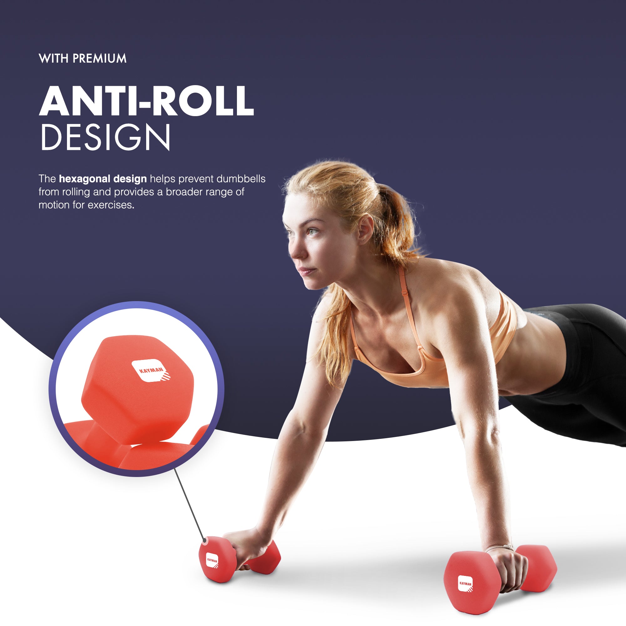 KAYMAN Neoprene Dumbbell Pair with Anti-Slip Grip, Hex Edges, Water-Resistant Surface & Workout Poster Guide - Weight Set for Home, Gym & Fitness Training Equipment (1kg 2kg 3kg 4kg 5kg 6kg 8kg 10kg)