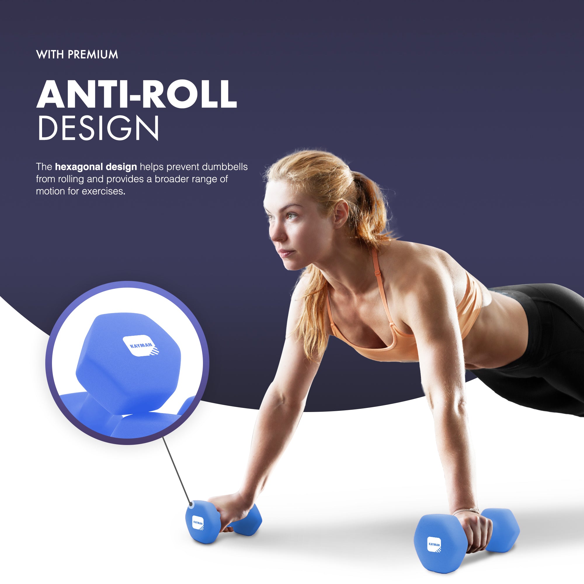 KAYMAN Neoprene Dumbbell Pair with Anti-Slip Grip, Hex Edges, Water-Resistant Surface & Workout Poster Guide - Weight Set for Home, Gym & Fitness Training Equipment (1kg 2kg 3kg 4kg 5kg 6kg 8kg 10kg)