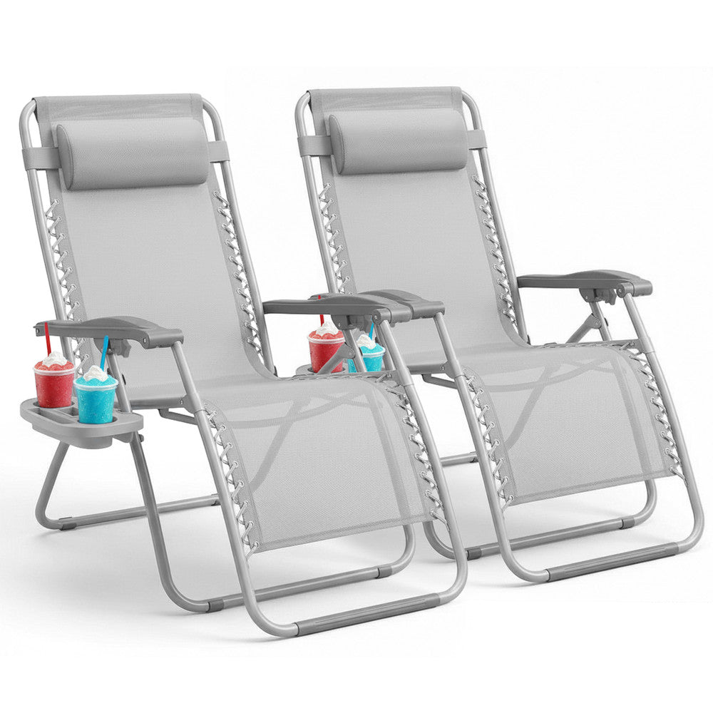 KEPLIN Set of 2 Heavy Duty Monocolour and Basic Textoline Zero Gravity Chairs for Garden Light Reclining Patio Sun loungers Easy to Clean Adjustable Head Rest Foldable with Cup & Phone Holder