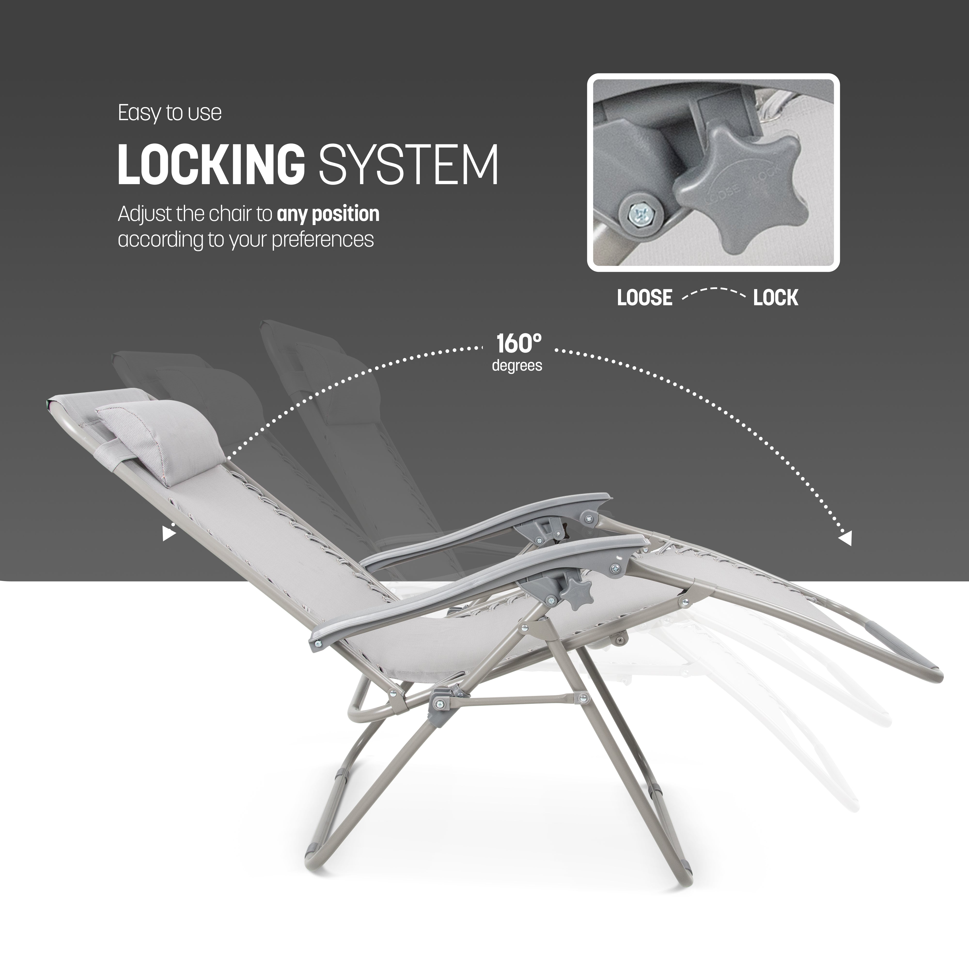 KEPLIN Set of 2 Heavy Duty Monocolor and Basic Textoline Zero Gravity Chairs for Garden Light Reclining Patio Sun loungers Easy to Clean Adjustable Head Rest Foldable with Cup & Phone Holder
