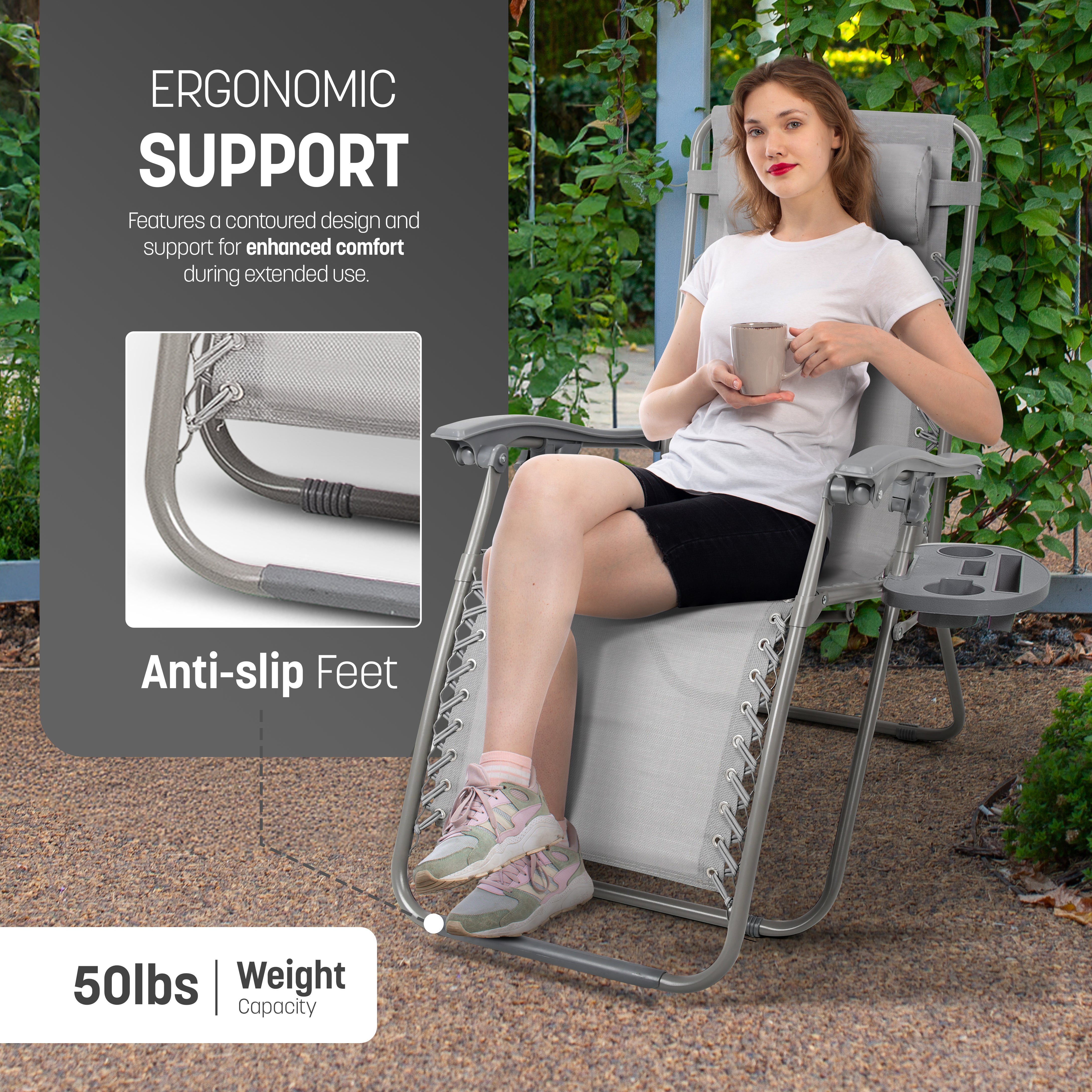 KEPLIN Set of 2 Heavy Duty Monocolor and Basic Textoline Zero Gravity Chairs for Garden Light Reclining Patio Sun loungers Easy to Clean Adjustable Head Rest Foldable with Cup & Phone Holder