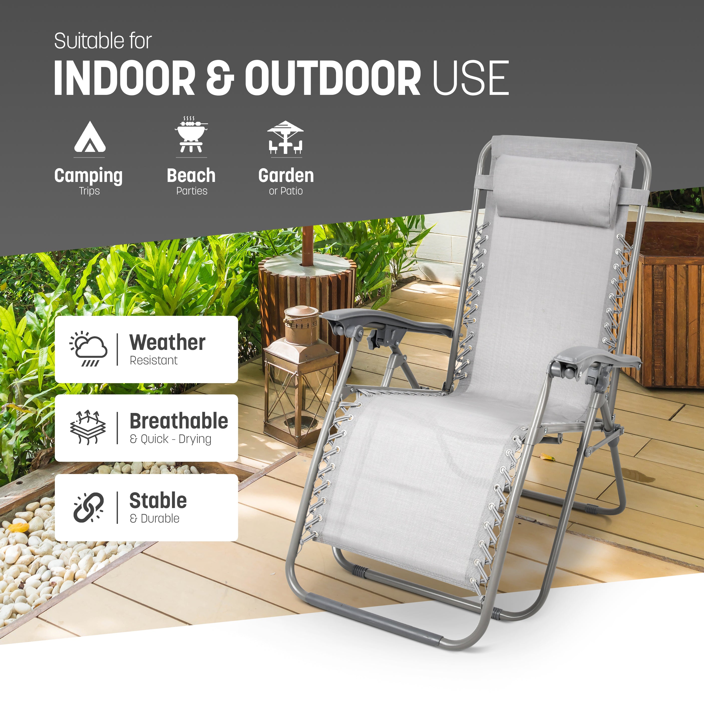 KEPLIN Set of 2 Heavy Duty Monocolor and Basic Textoline Zero Gravity Chairs for Garden Light Reclining Patio Sun loungers Easy to Clean Adjustable Head Rest Foldable with Cup & Phone Holder