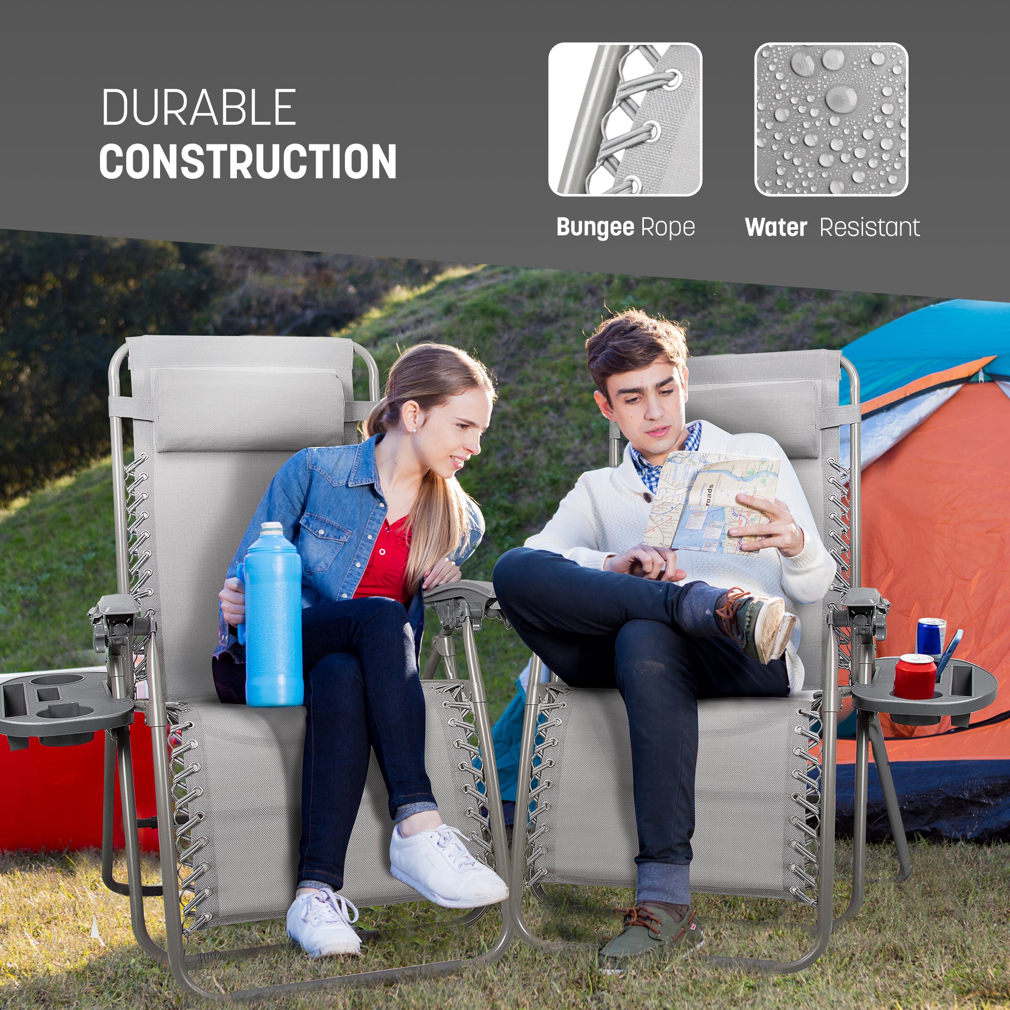 KEPLIN Set of 2 Heavy Duty Monocolor and Basic Textoline Zero Gravity Chairs for Garden Light Reclining Patio Sun loungers Easy to Clean Adjustable Head Rest Foldable with Cup & Phone Holder