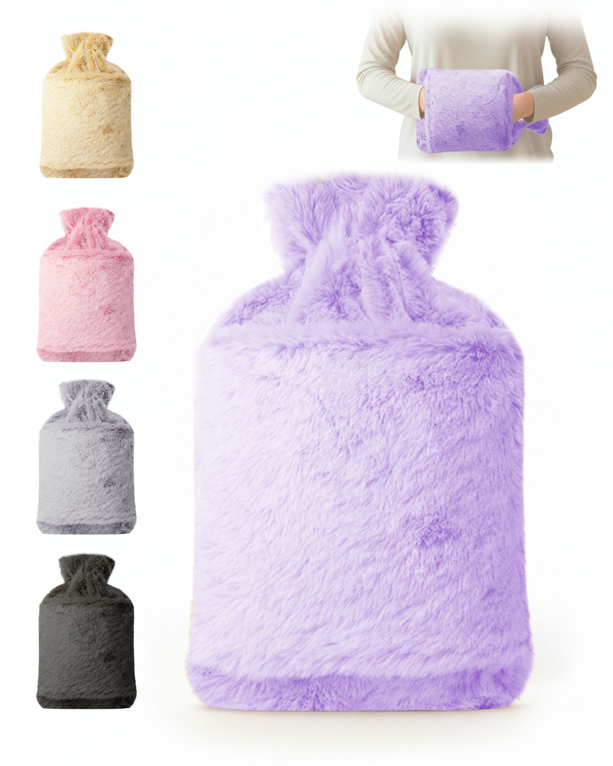 Luxury Hot Water Bottle - Extra Soft Cover, Thermal Rubber Bottle Covered with Premium Faux Fur