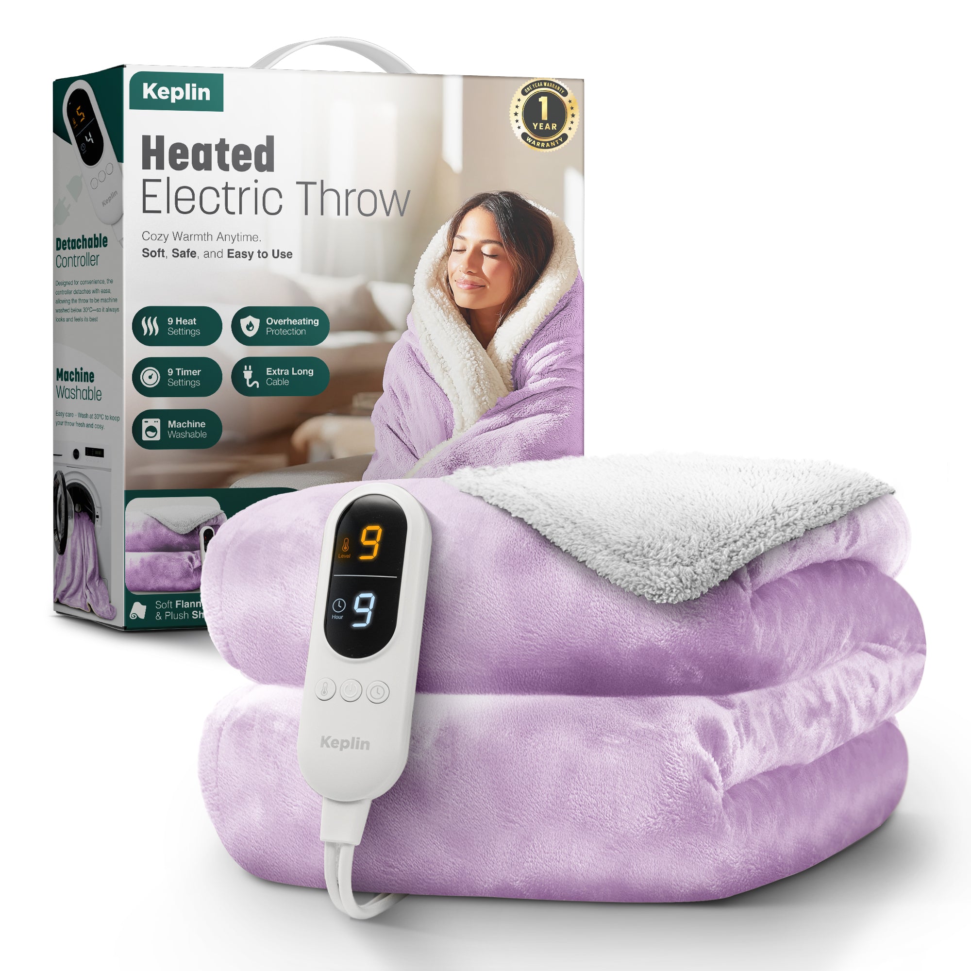 Electric Heated Throw Blanket - Machine Washable Fleece Wool Duvet, 9 Heat Settings & Timer
