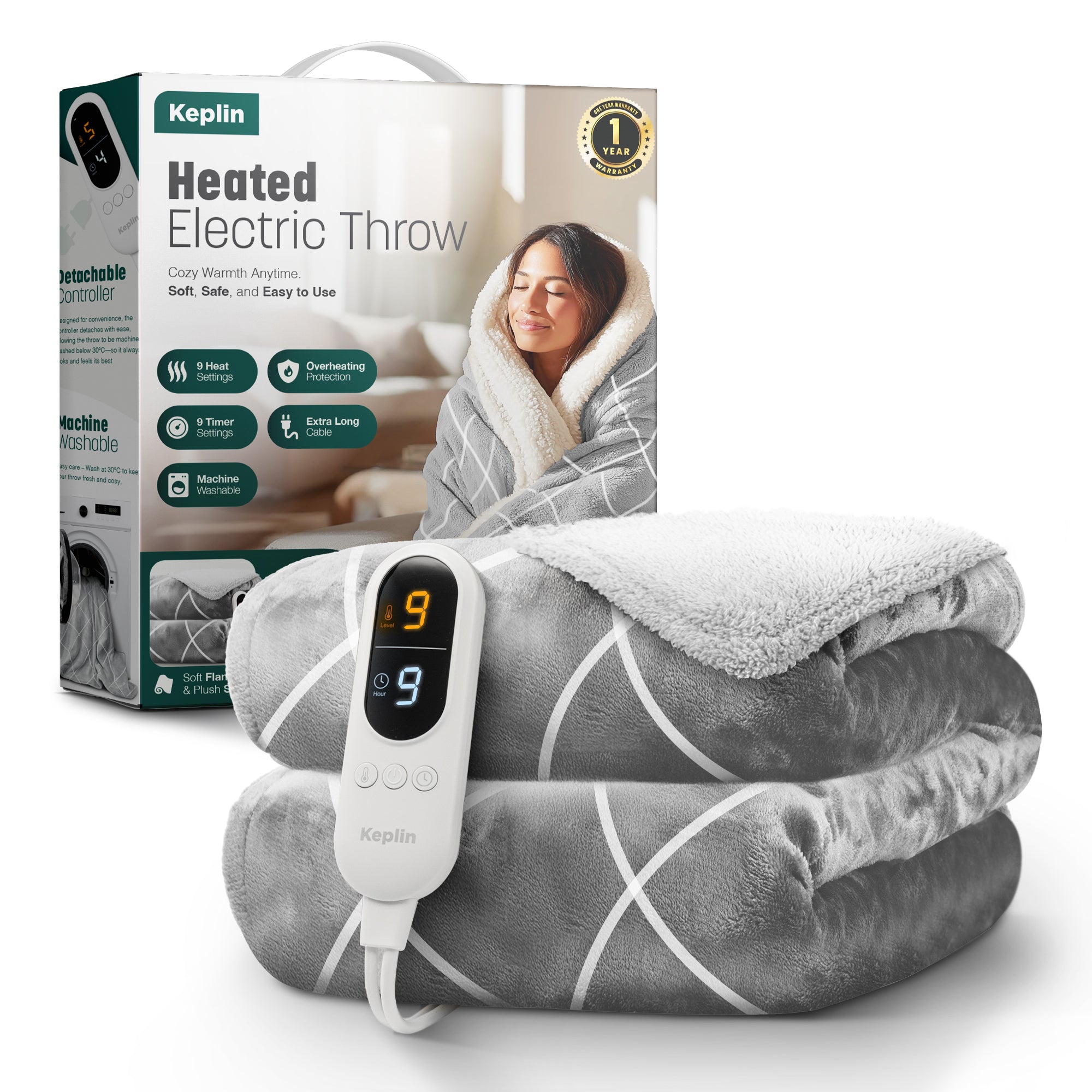 Electric Heated Throw Blanket - Machine Washable Fleece Wool Duvet, 9 Heat Settings & Timer