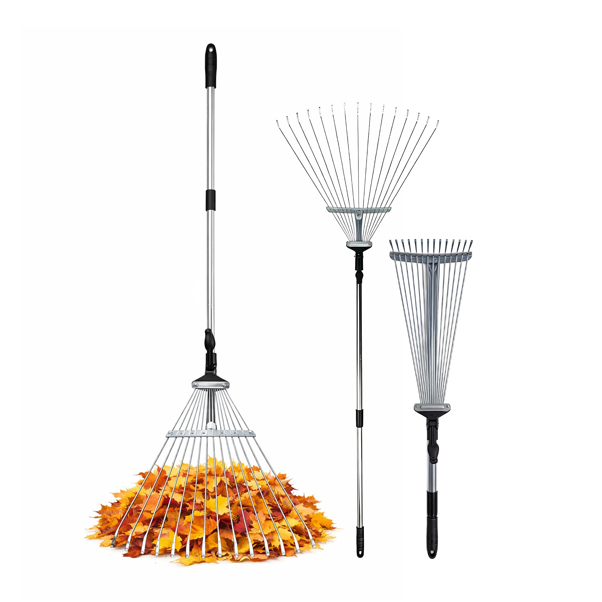 Keplin Garden Rake with Telescopic Handle – 80 to 160cm Adjustable Rake, 15 Tine Expanding Metal Rake for Leaves, Lawn, Yard & Soil Cleanup, Foldable Space-Saving Design, Versatile Garden Tool