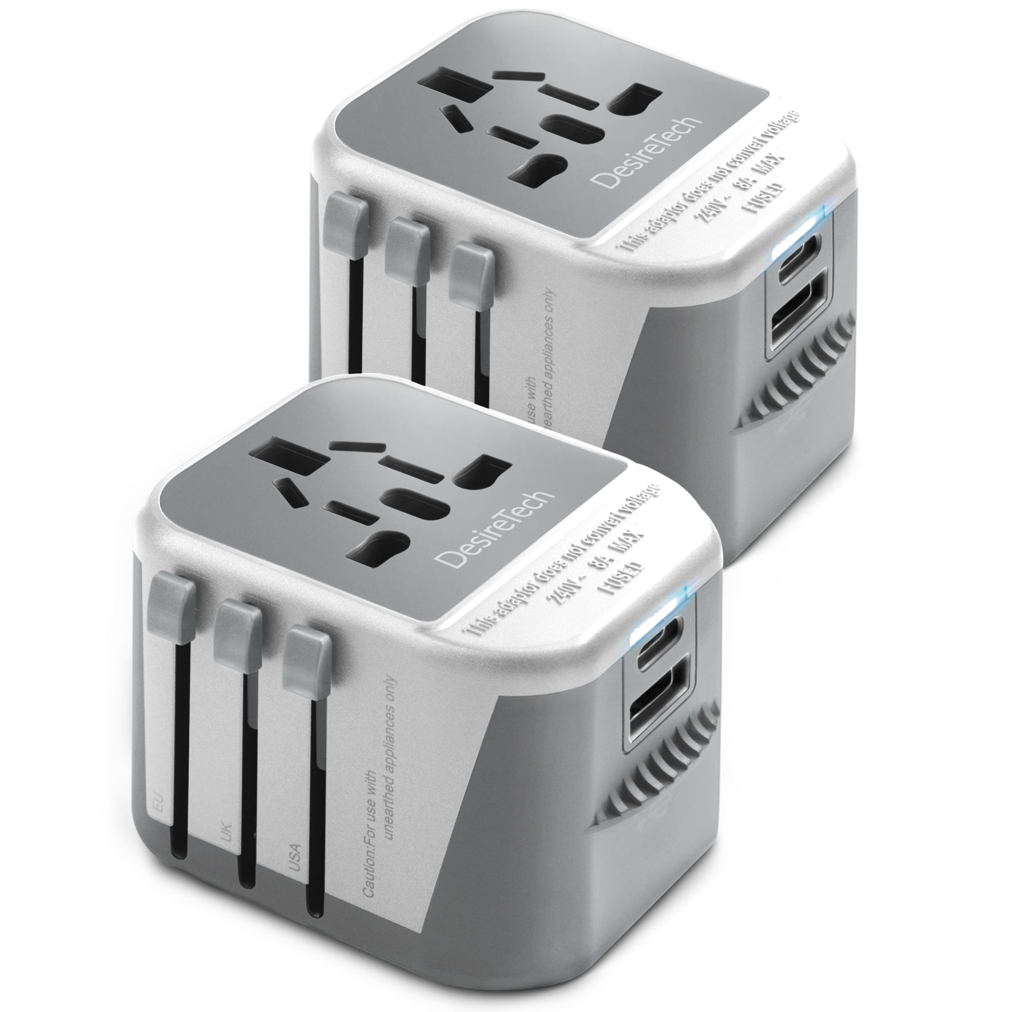 Desiretech Travel Adaptor 4-in-1 Universal Plug Adapter with USB-A, USB-C, Phone Docking - Compact UK to World Adaptor, Double Fuse Protection - Perfect for Europe, USA, Asia & Beyond