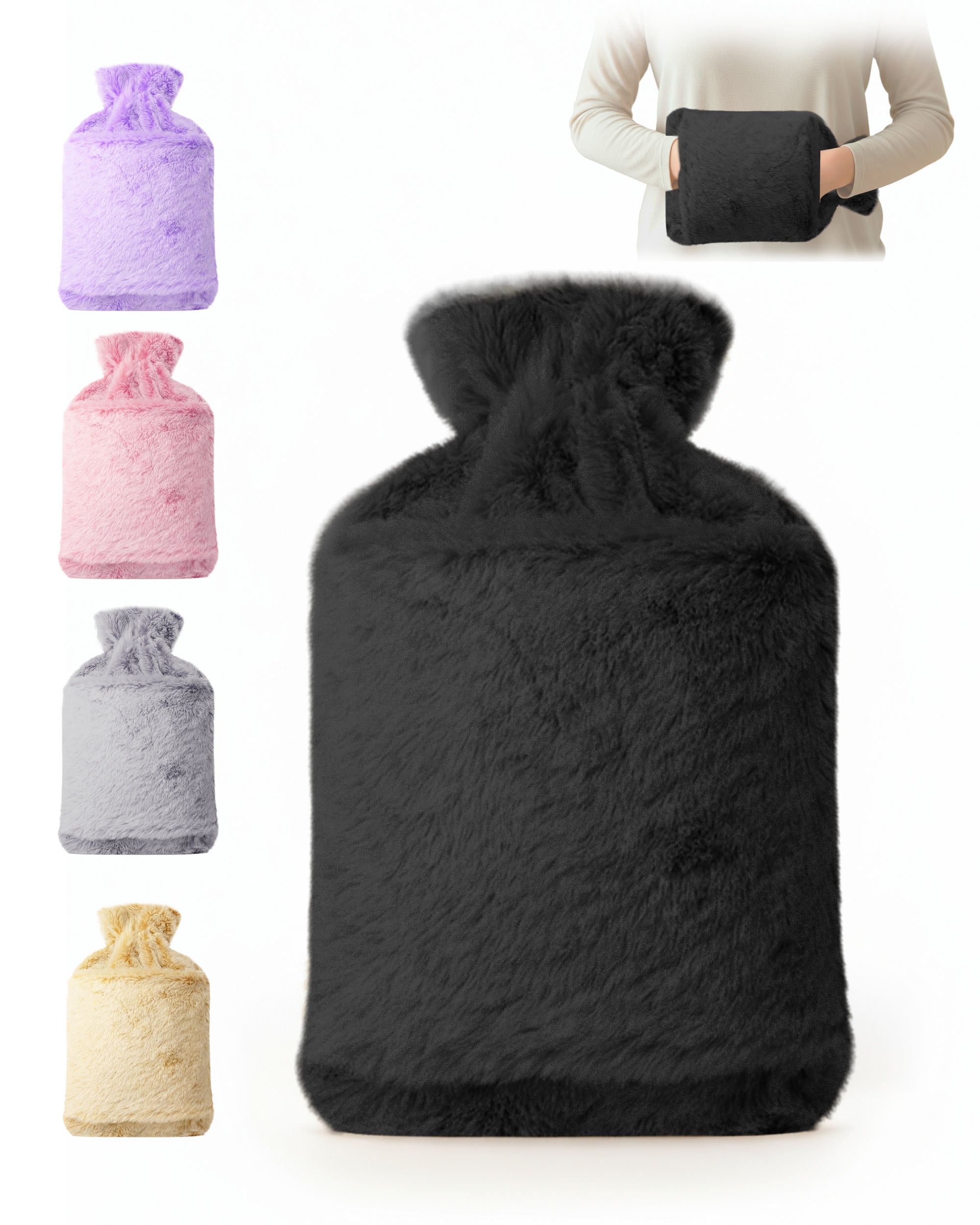 Luxury Hot Water Bottle - Extra Soft Cover, Thermal Rubber Bottle Covered with Premium Faux Fur