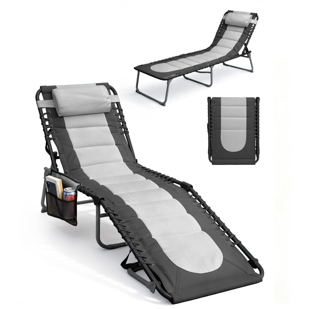 KEPLIN Foldable Sun Lounger Chair - Outdoor Garden Recliner with Color Block Design, 4 Position Adjustable Backrest, Padded 600D Oxford Fabric, Portable Patio Camping Deck Chair 110kg