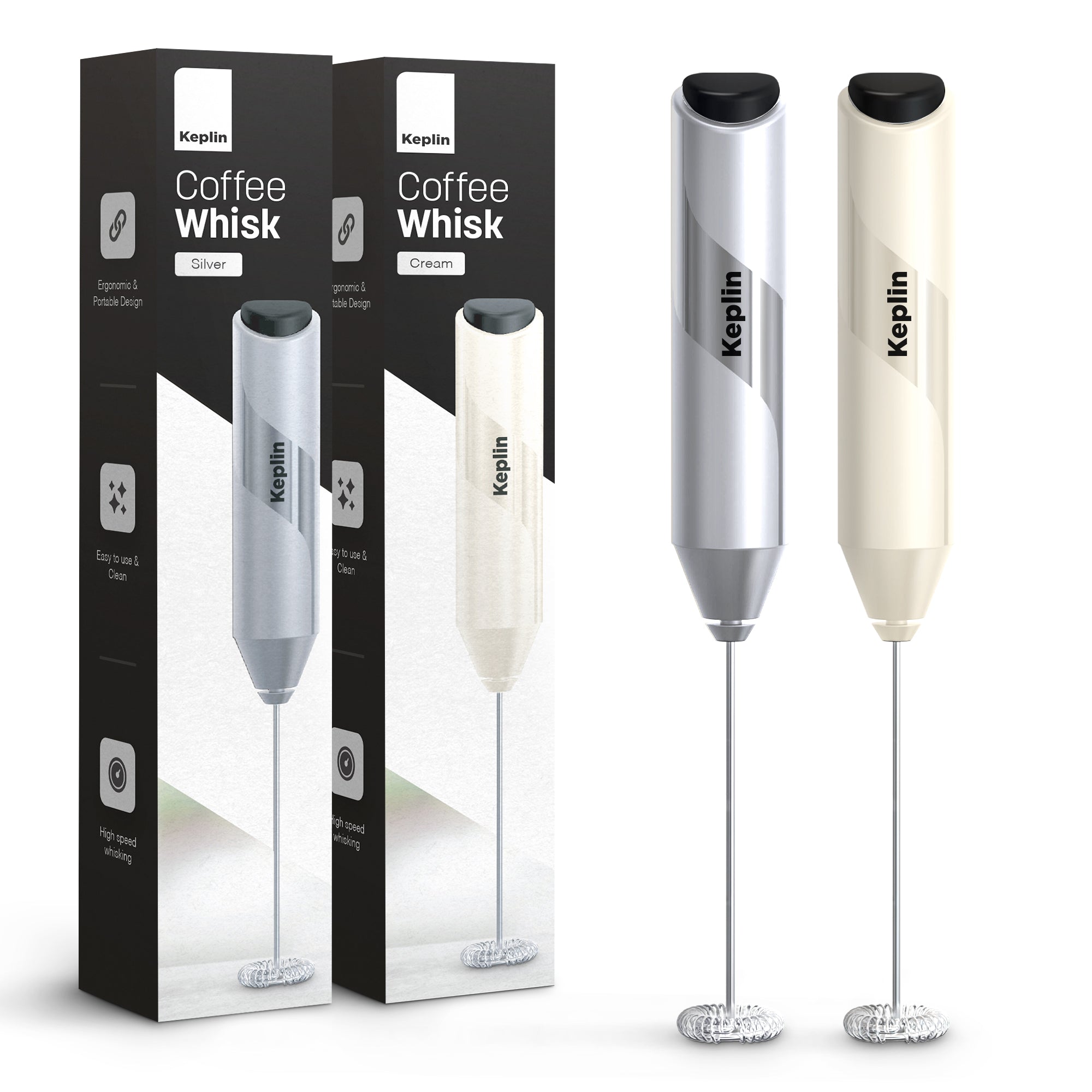 Keplin Milk Frother Handheld, Electric Milk Foam Maker with Stainless Steel Whisk, Hand Drink Mixer for Coffee, Battery Operated, Electric Stirrer Coffee Mixer Wand