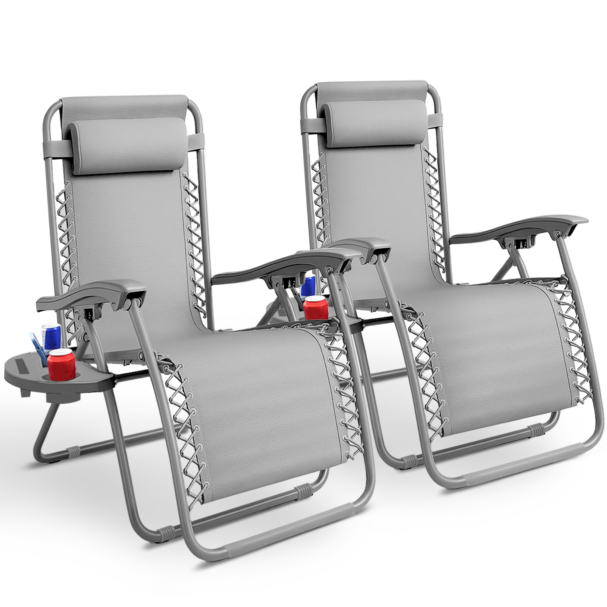 KEPLIN Set of 2 Heavy Duty Monocolor and Basic Textoline Zero Gravity Chairs for Garden Light Reclining Patio Sun loungers Easy to Clean Adjustable Head Rest Foldable with Cup & Phone Holder