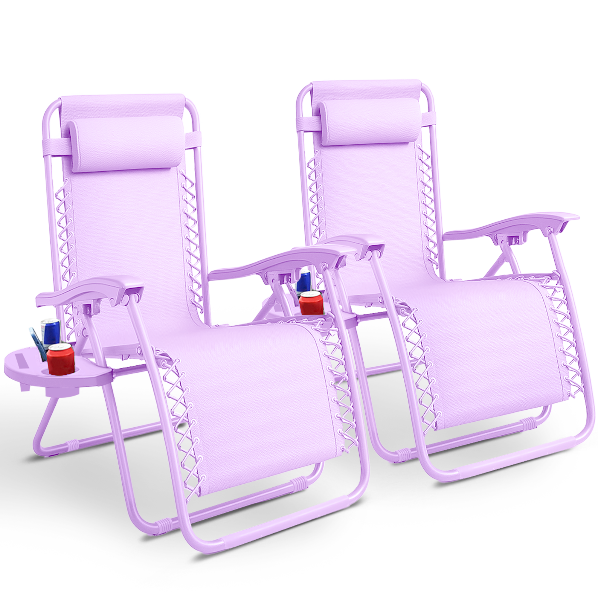 KEPLIN Set of 2 Heavy Duty Monocolor and Basic Textoline Zero Gravity Chairs for Garden Light Reclining Patio Sun loungers Easy to Clean Adjustable Head Rest Foldable with Cup & Phone Holder
