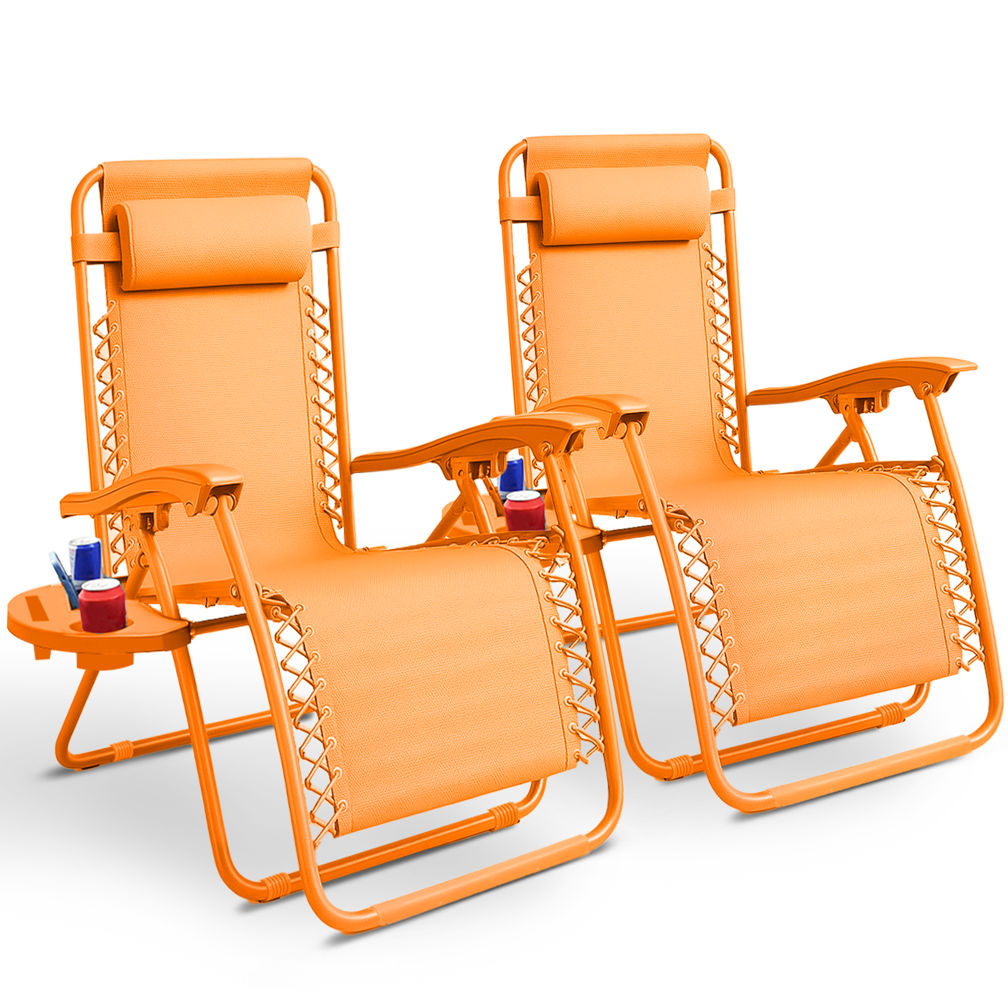KEPLIN Set of 2 Heavy Duty Monocolor and Basic Textoline Zero Gravity Chairs for Garden Light Reclining Patio Sun loungers Easy to Clean Adjustable Head Rest Foldable with Cup & Phone Holder